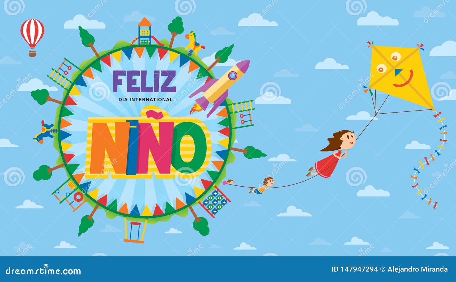 feliz dia del nino greeting card - happy children`s day in spanish language. text inside a circle surrounded by playgrounds