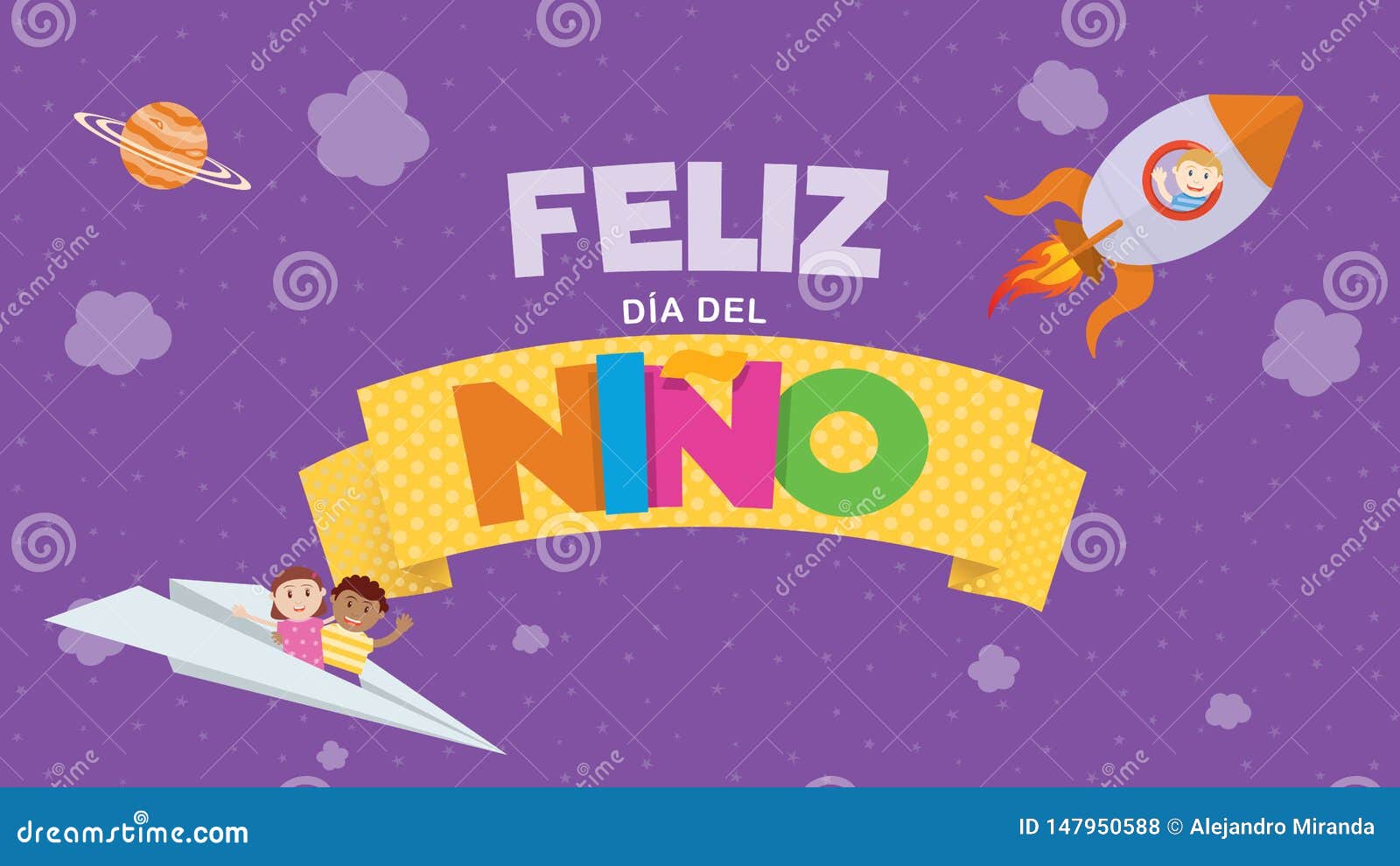 feliz dia del nino greeting card - happy children`s day in spanish language. colored letters on a yellow ribbon with a children