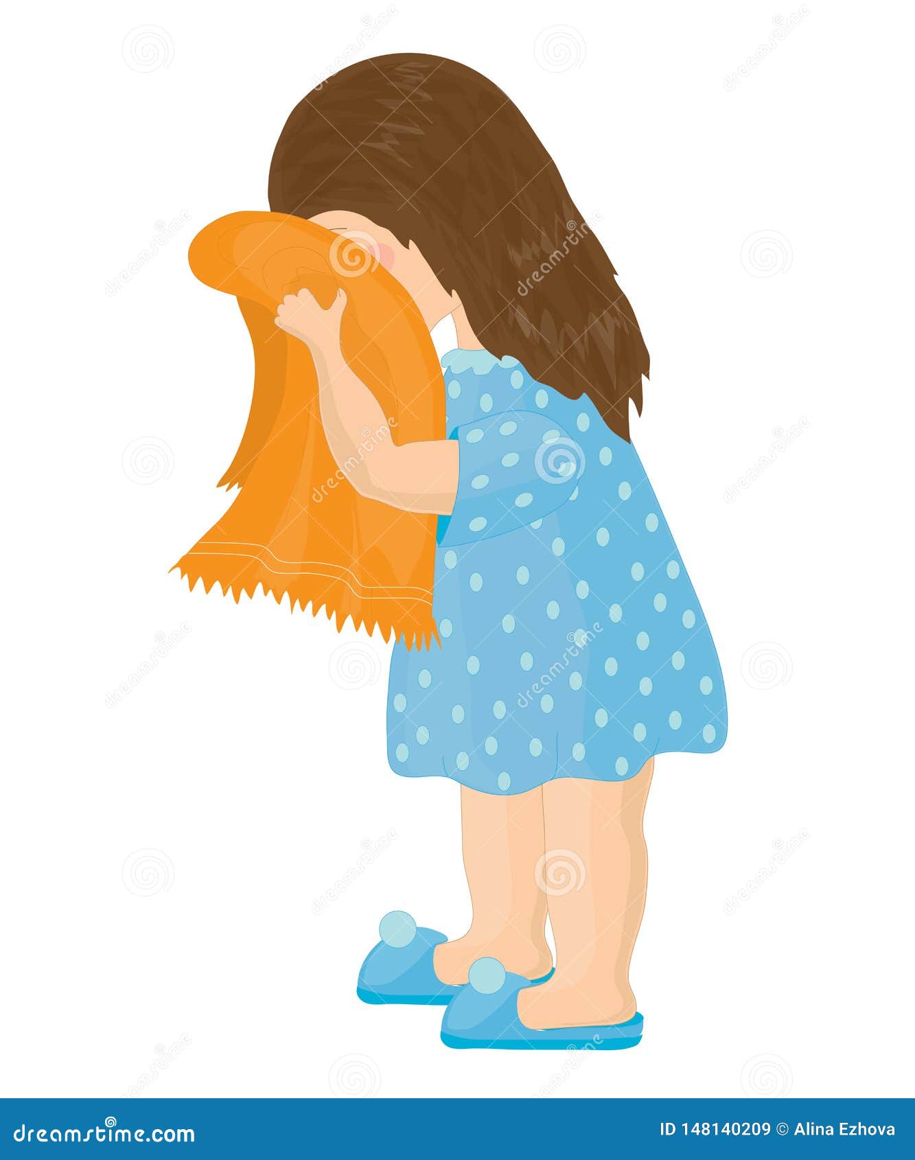 The Little Girl Washes and Wipes Her Face with a Towel. Stock Illustration Illustration of