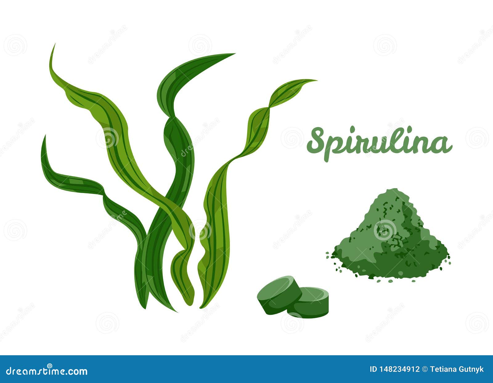 Spirulina Set. Alga, Pills and Powder Isolated on White Background
