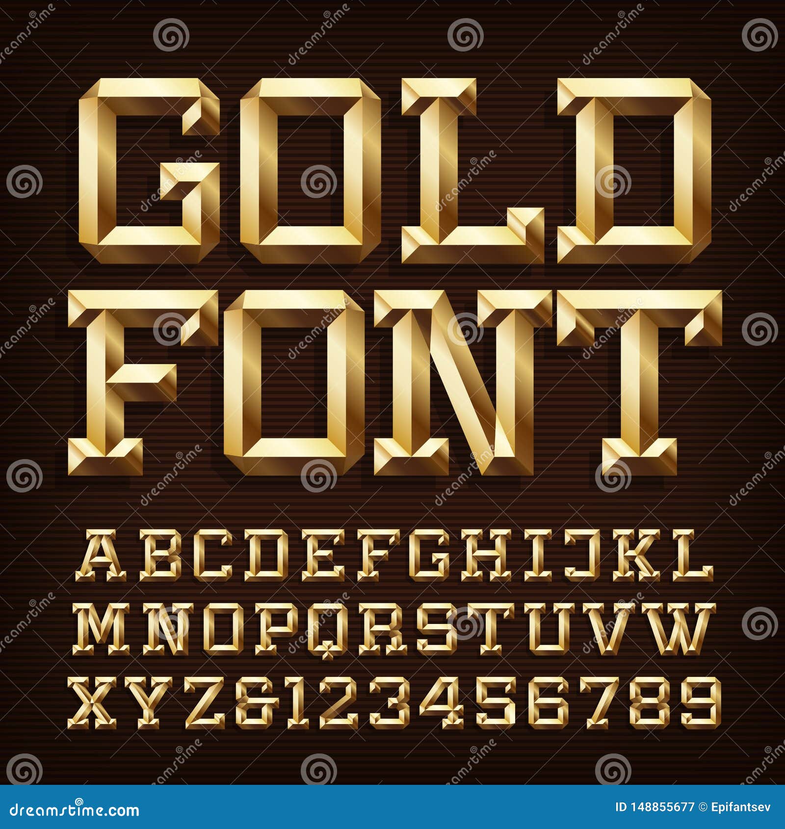 Gold Alphabet Font 3d Gold Letters And Numbers With Bevel Stock Vector
