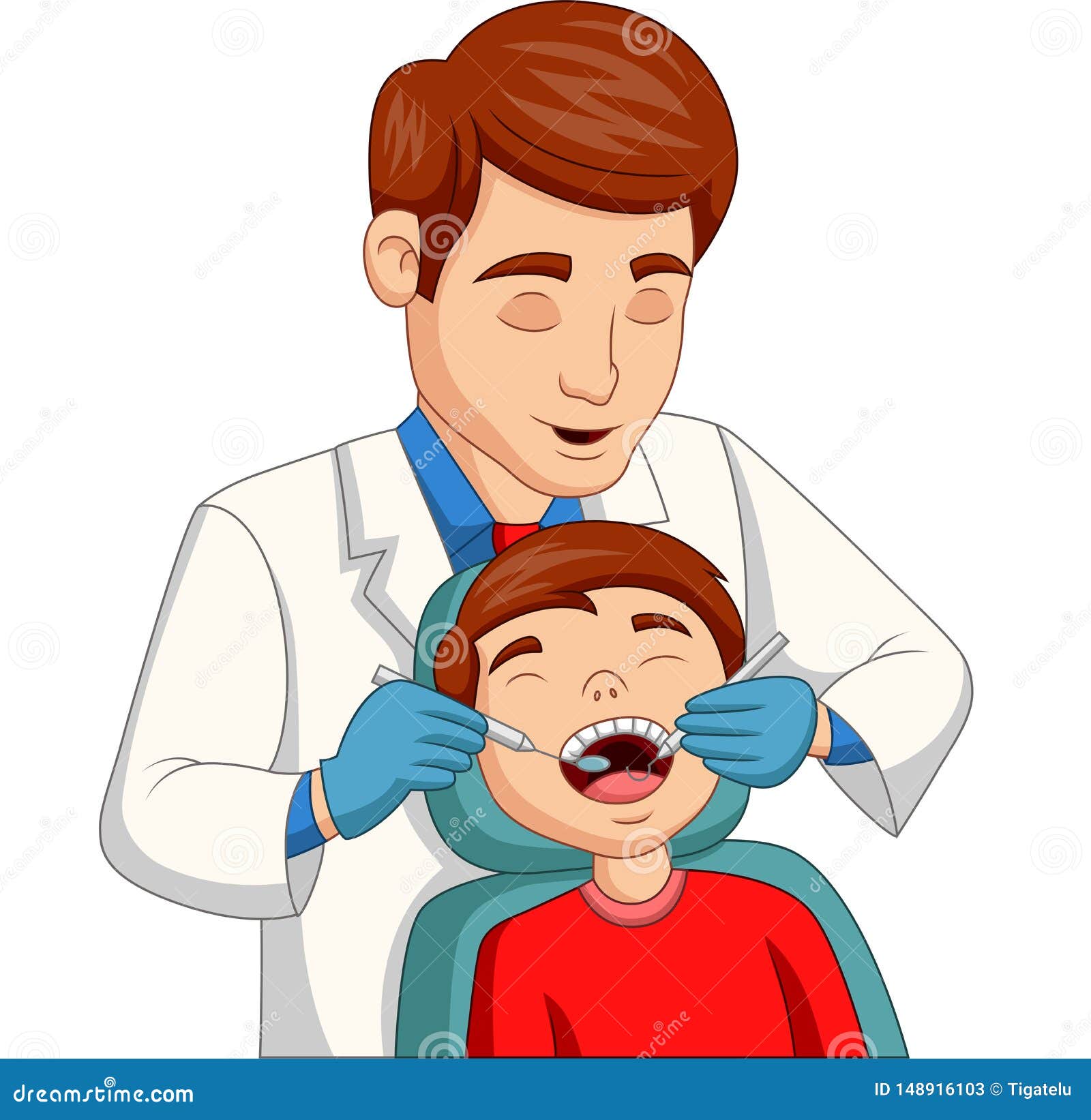 Cartoon Little Boy Having His Teeth Checked by Dentist Stock Vector