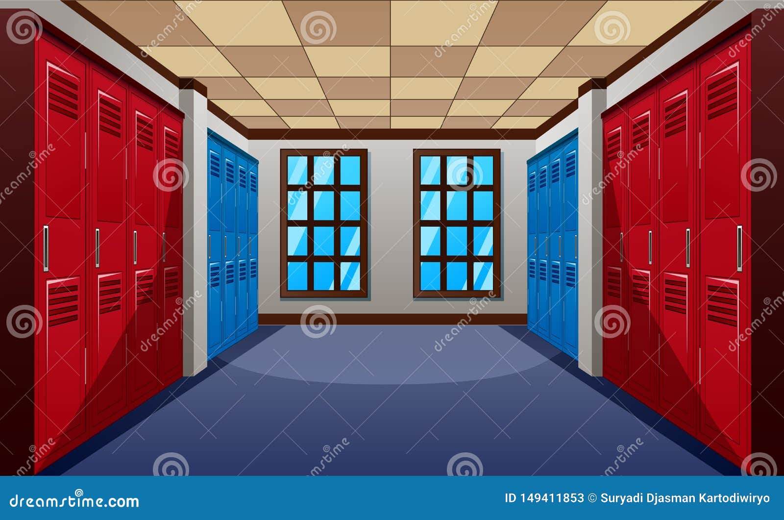 A Modern School Hallway with Row of Blue and Red Lockers Stock Vector