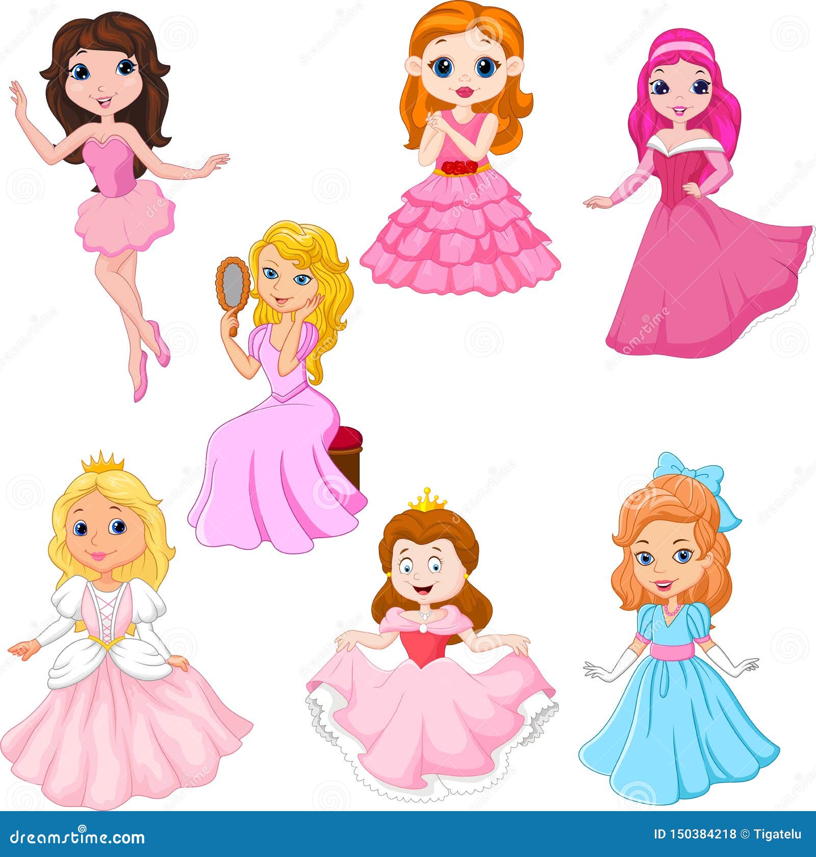 Set Of Cute Cartoon Princesses Isolated On White Background Stock ...