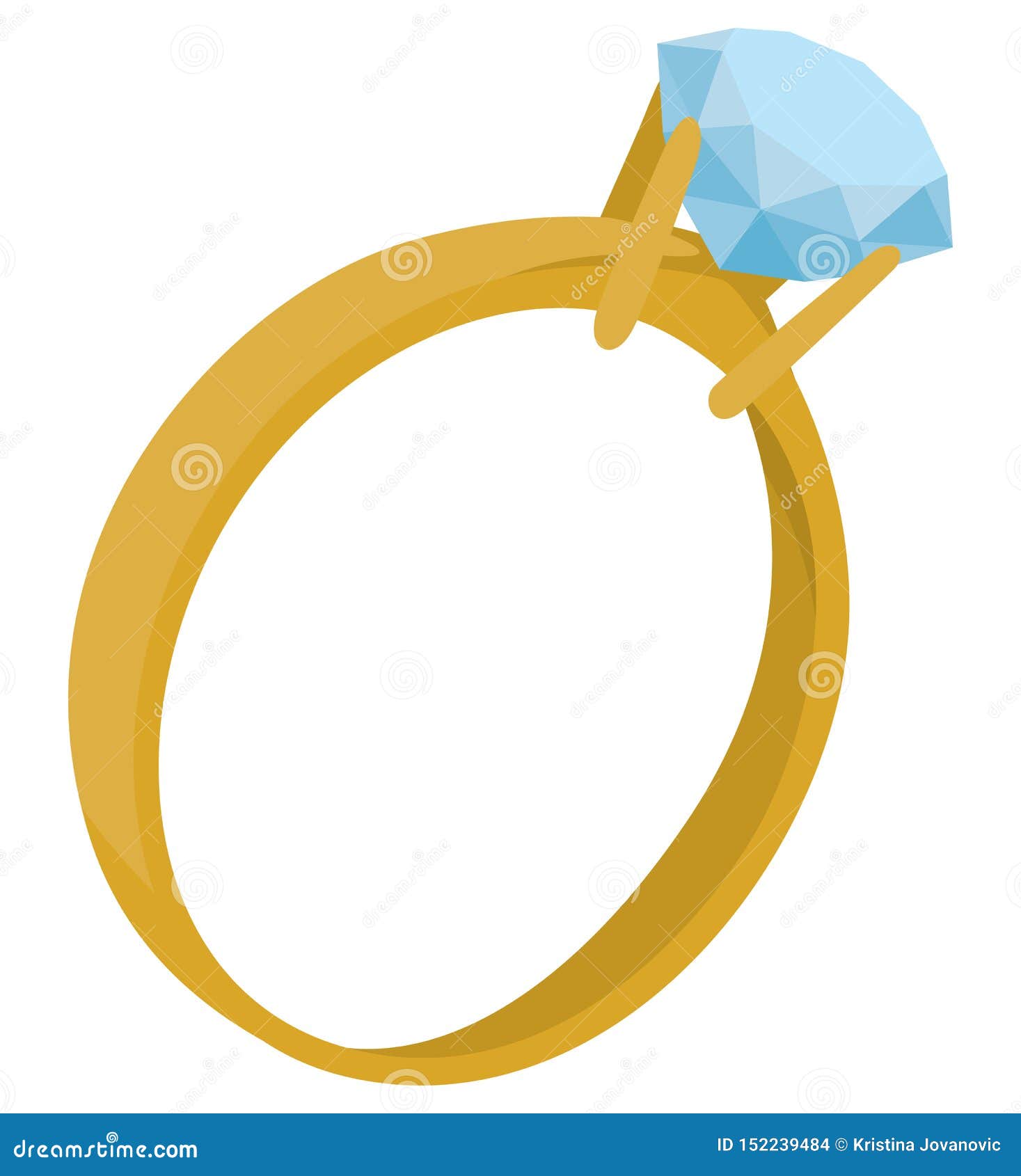 Golden Ring With Big Diamond Flat Vector Illustration Isolated On White