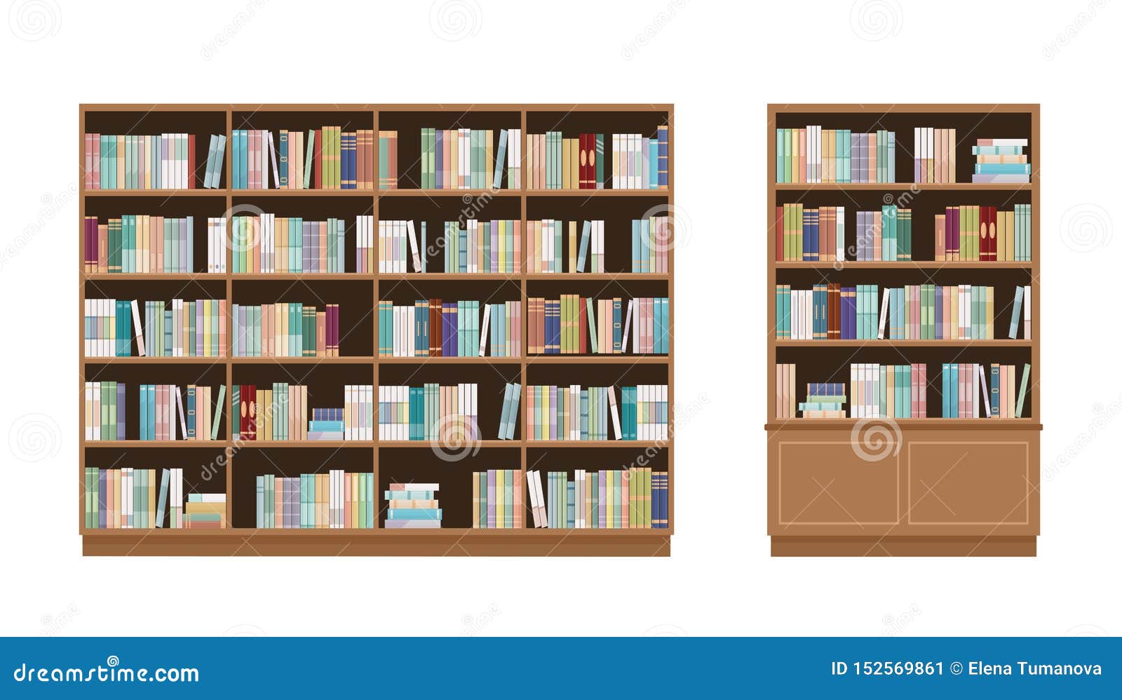 Two Bookcases Full of Books. Isolated on White Background. Education