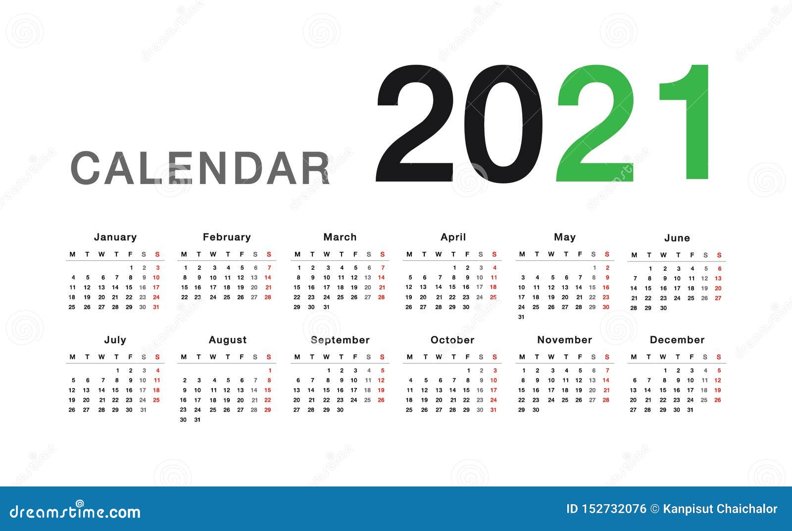 Colorful Year 2021 Calendar Horizontal Vector Design ...