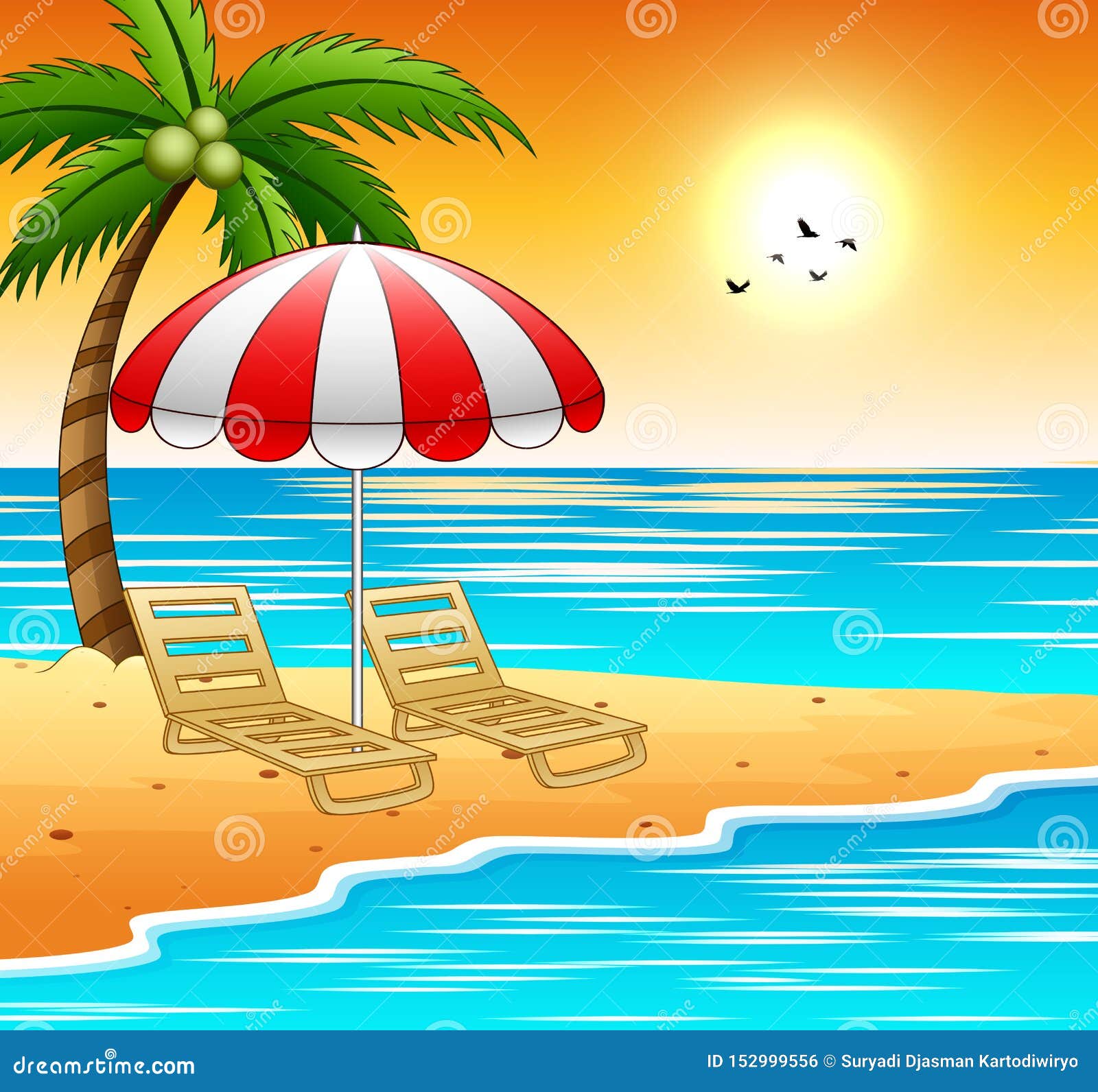 Two Sun Loungers and Parasols on a Beach with Sunset Stock Vector ...
