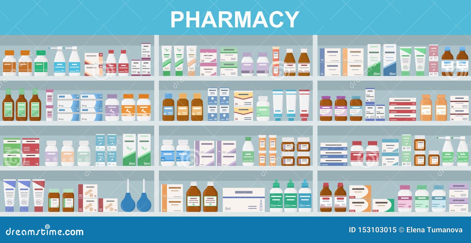 Pharmacy Shelves with Medicines. Concept of Pharmaceutics and