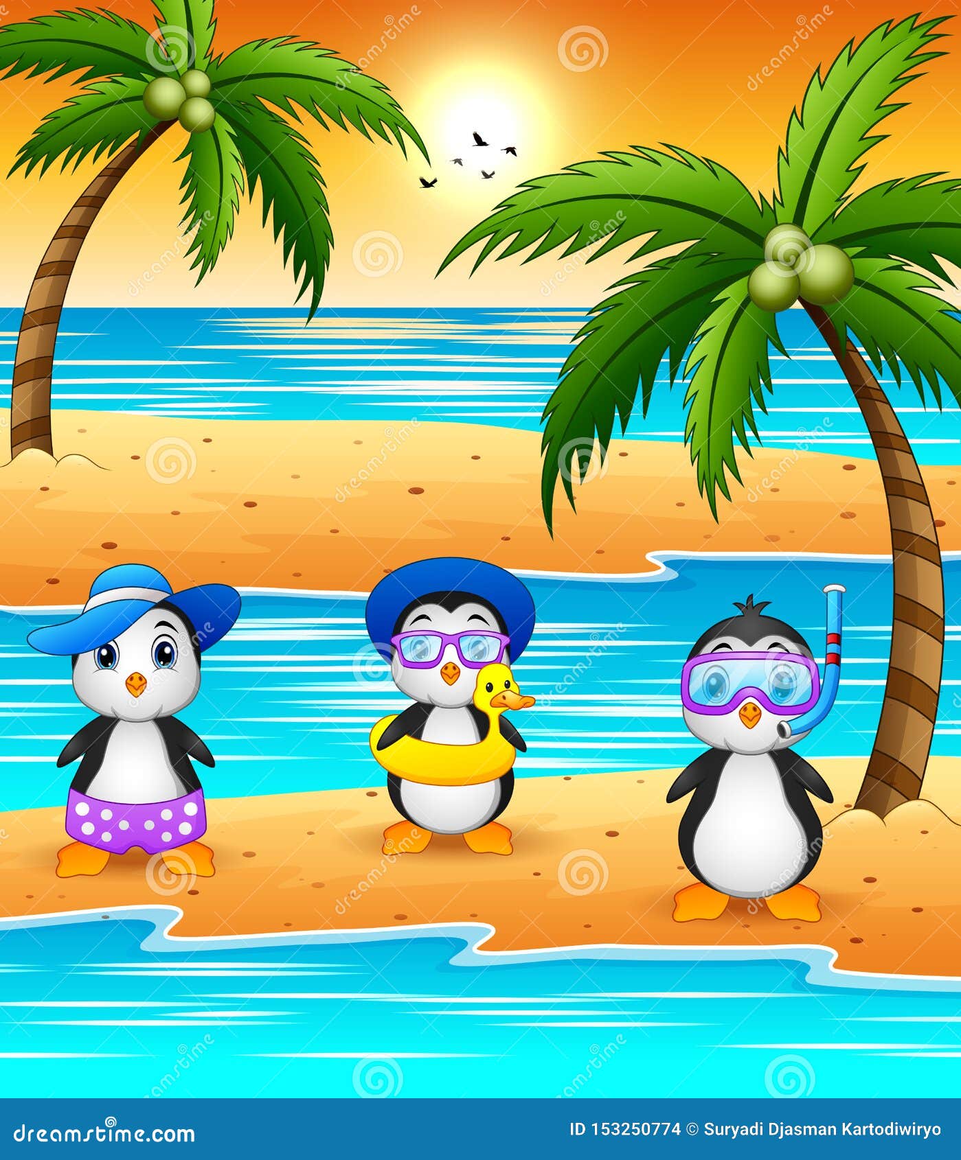 Cartoon Summer Penguins at the Beach Stock Vector - Illustration of ...