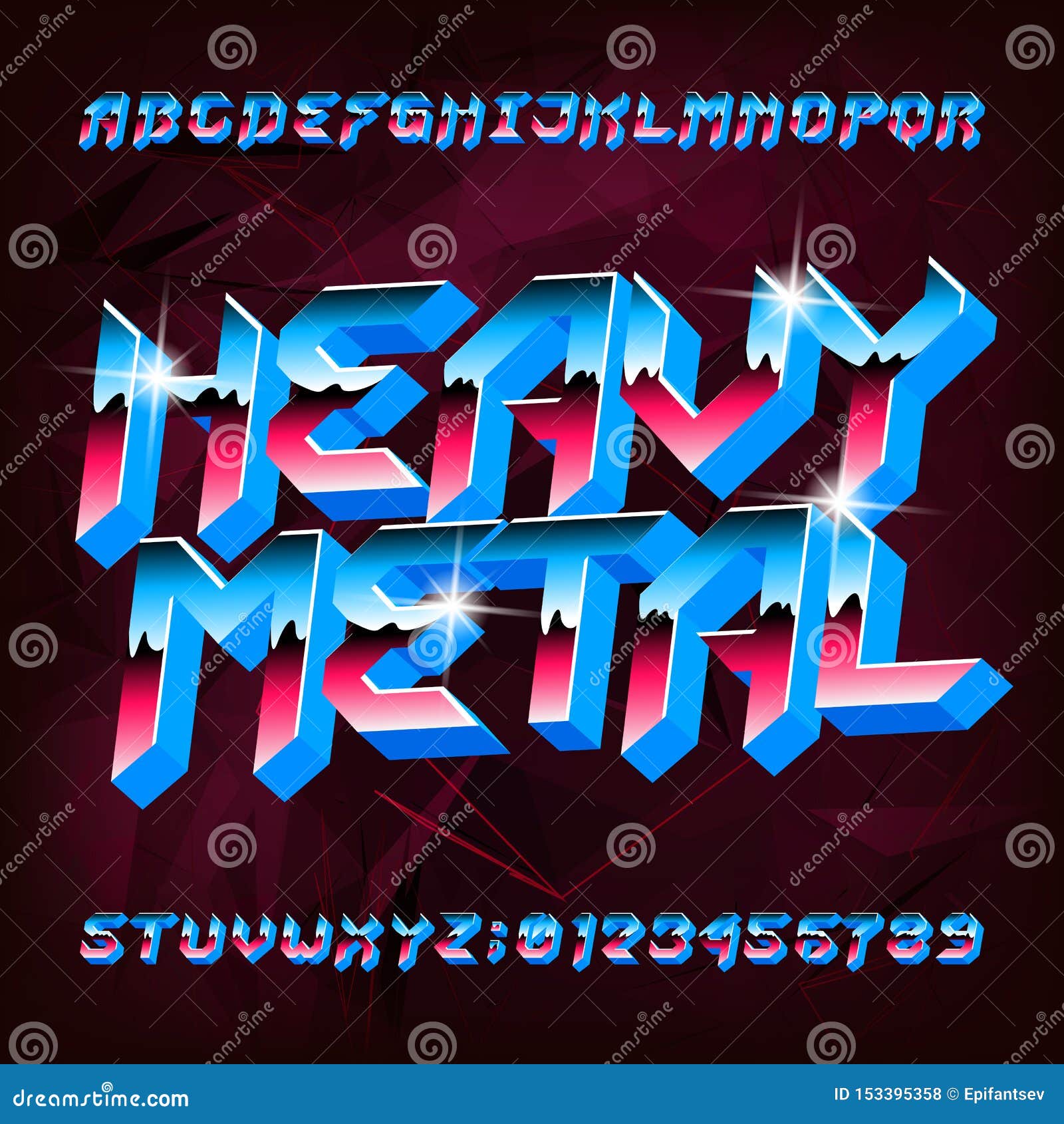 3d heavy metal alphabet font. metal effect shiny letters and numbers in 80s style.