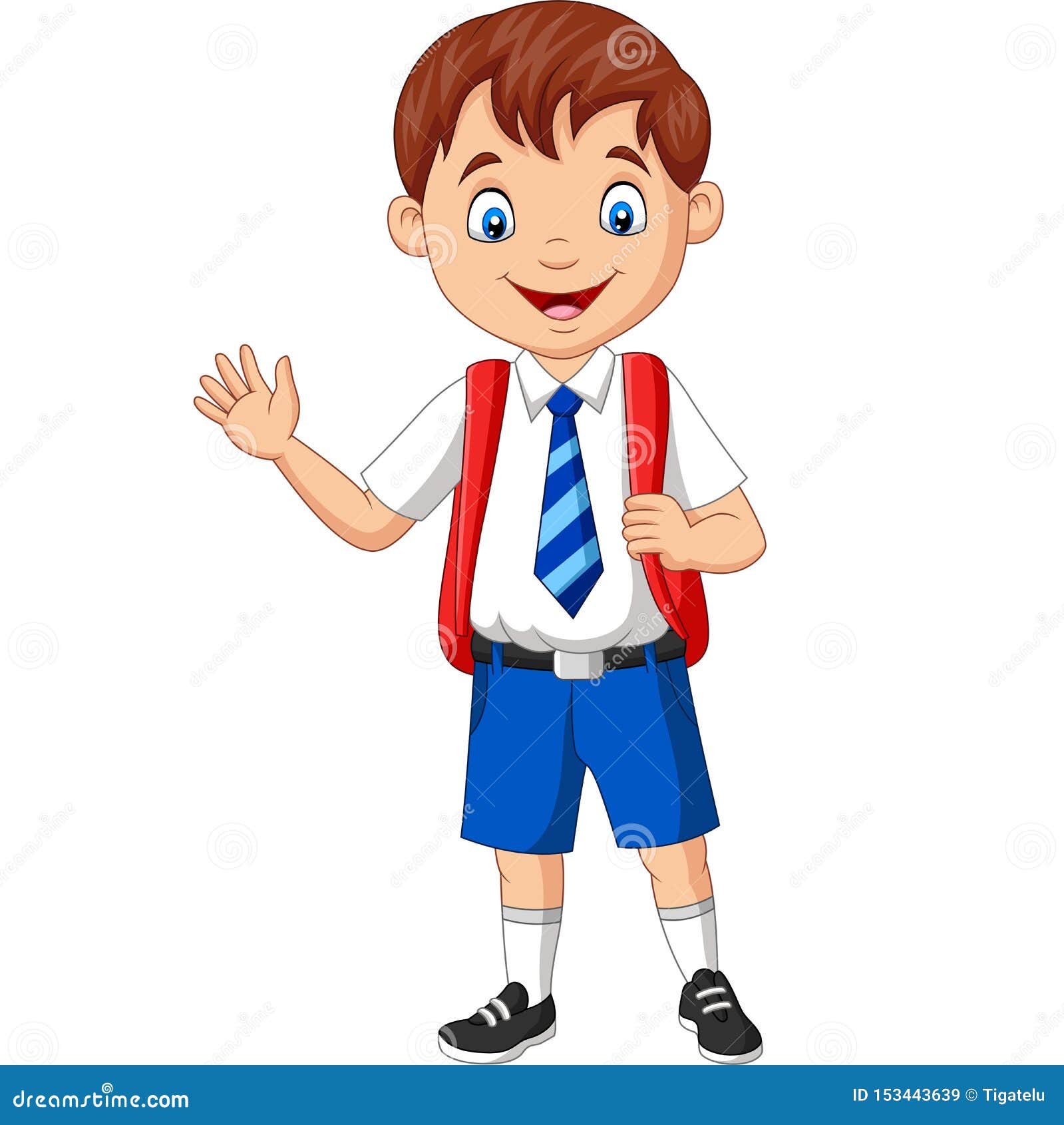 Cartoon School Boy in Uniform Waving Hand Stock Vector Illustration
