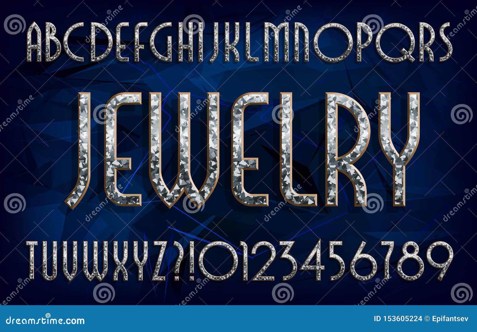 Jewelry Alphabet Font. Art Deco Golden Letters and Numbers with Diamond