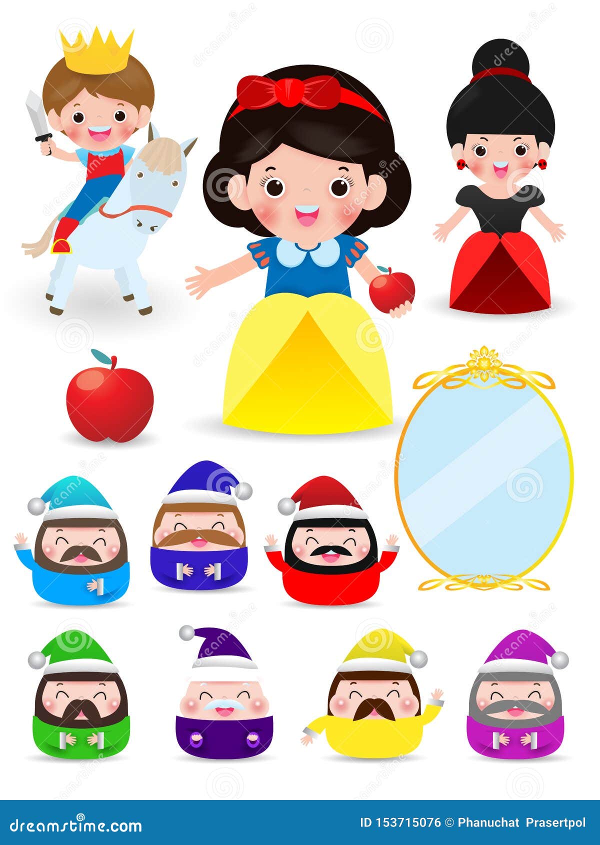 Snow White and the Seven Dwarfs, Snow White on White Background, Prince,  Princess and Dwarfs and Witch, Vector Illustration. Stock Vector -  Illustration of dreams, isolated: 153715076