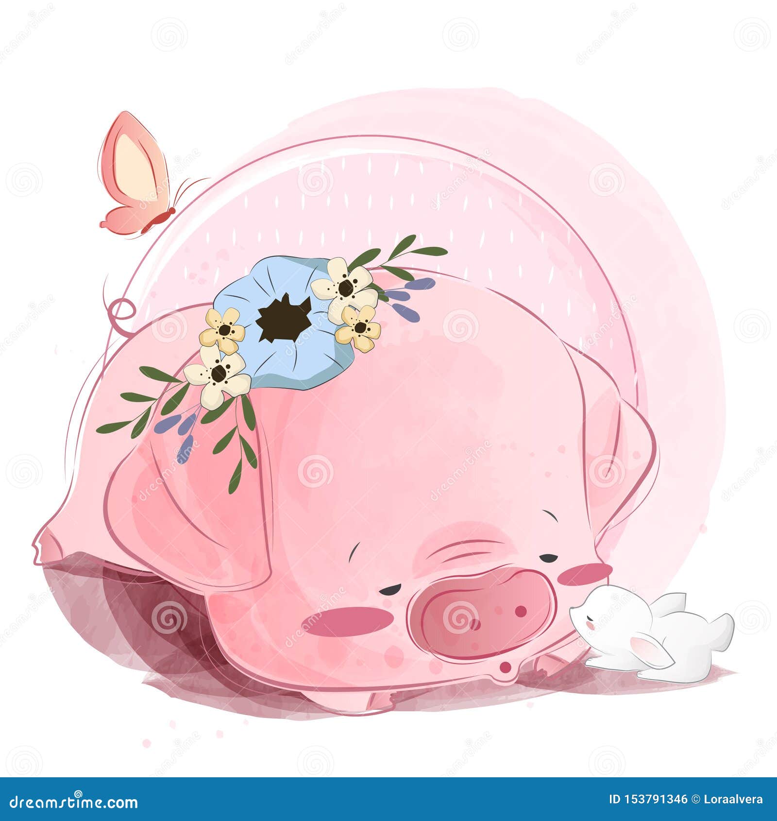 cute baby piggy sleeping with bunny
