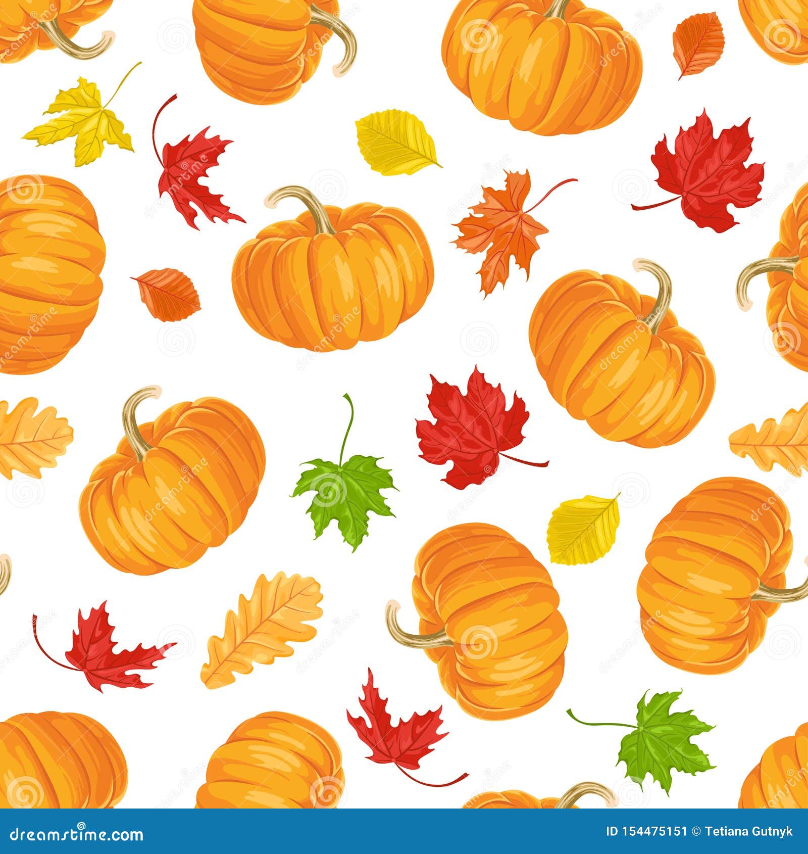 Autumn Seamless Pattern. Orange Pumpkins and Colorful Falling Leaves ...