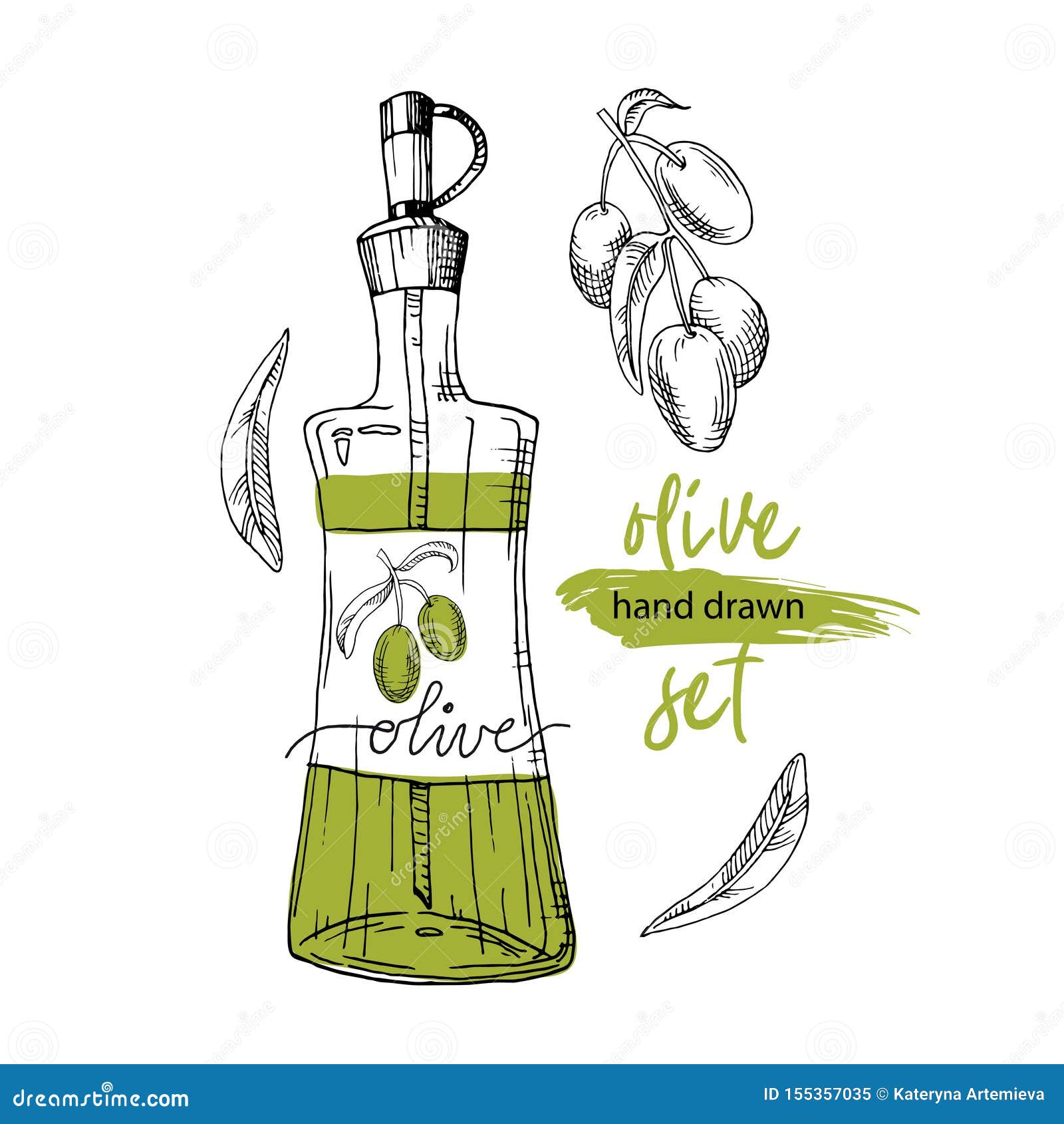 Hand Drawn Olive Oil in a Jar and Olive Branch Stock Vector Illustration of object, branch