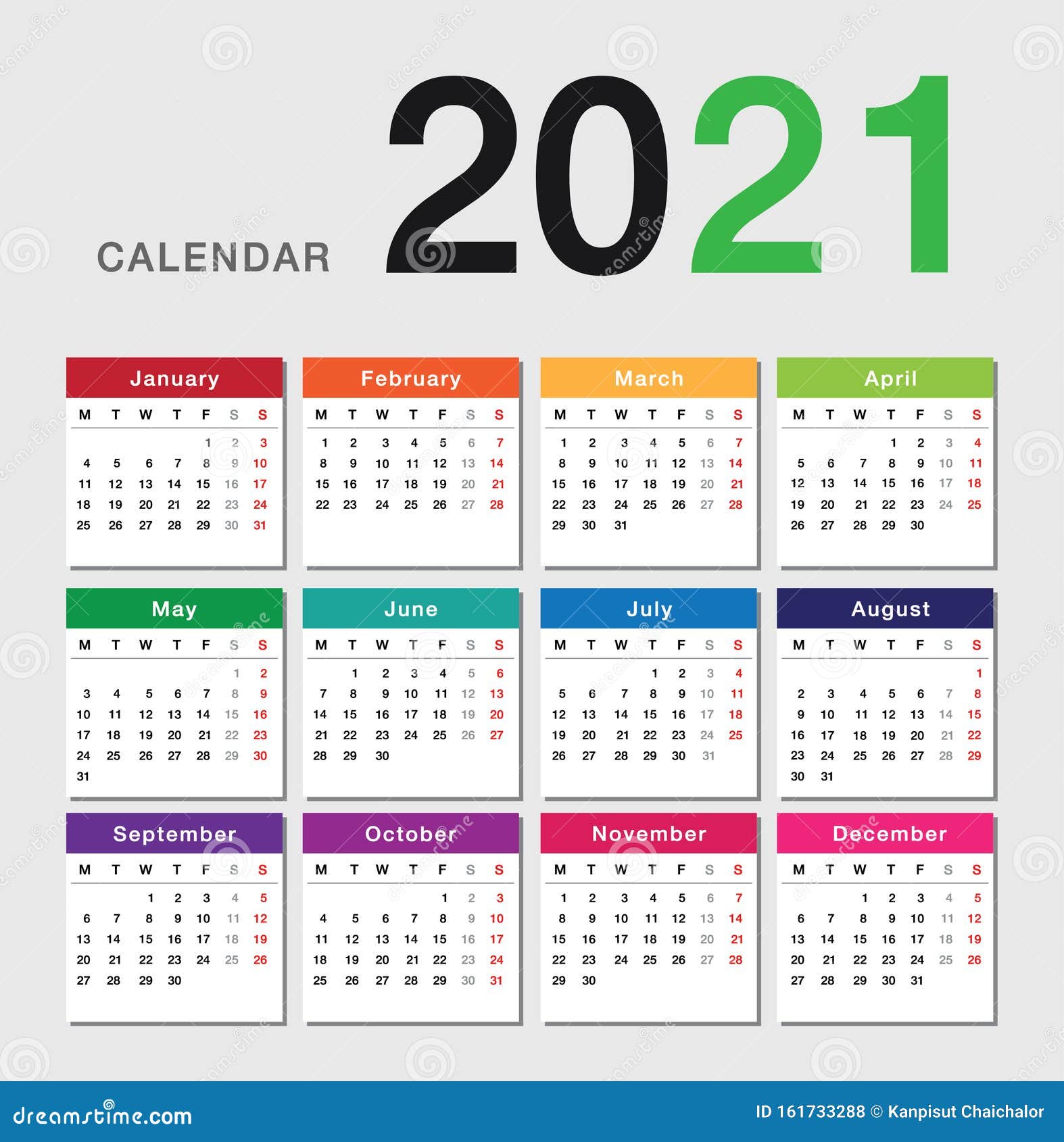 Colorful Year 2021 Calendar Horizontal Vector Design Template Simple