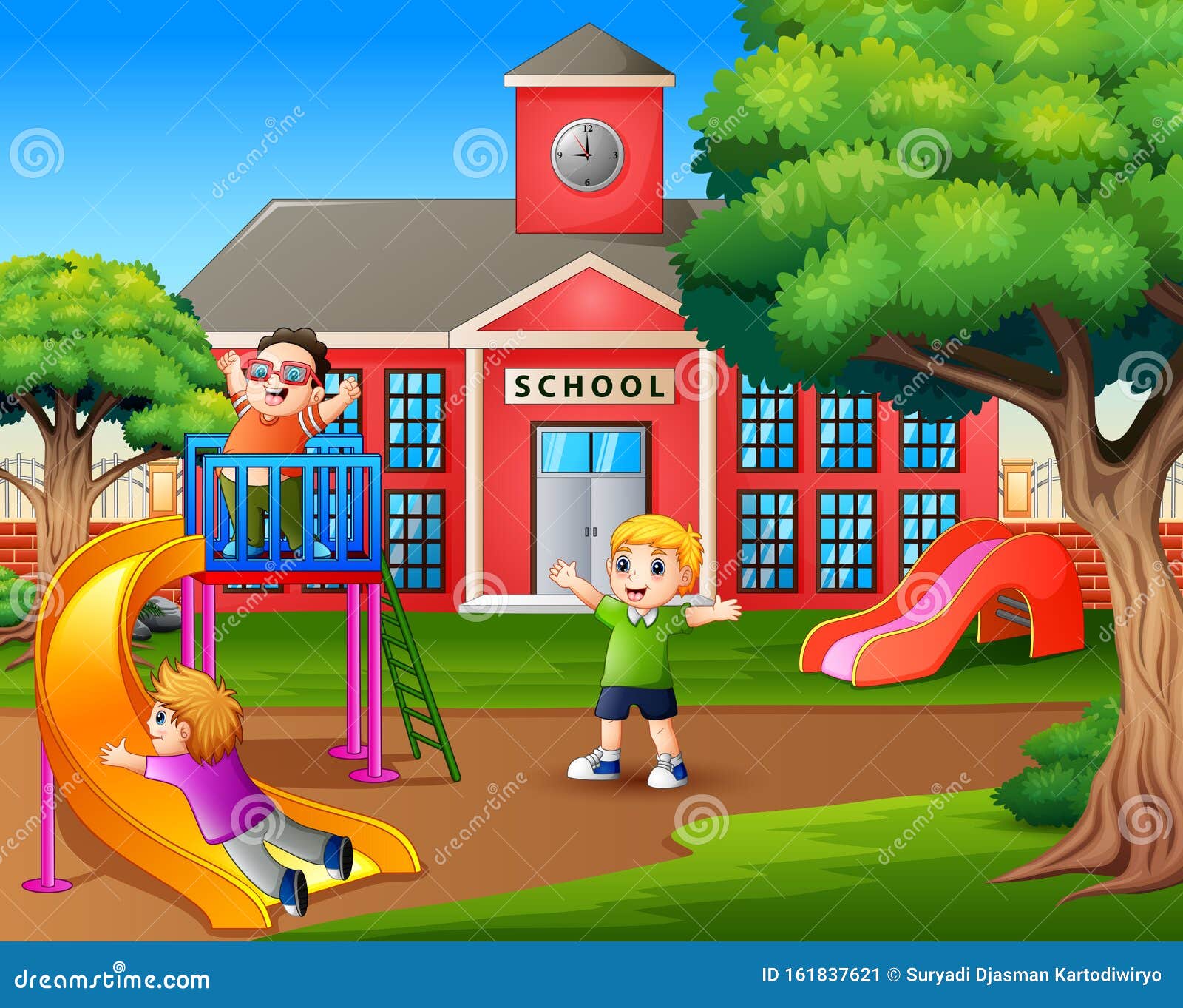 Happy Boys Playing on the School Playground Stock Vector Illustration