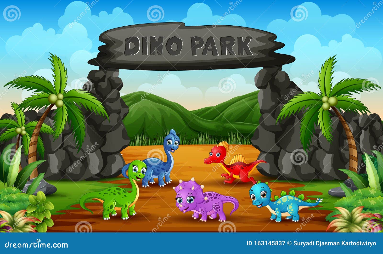 Different Baby Dinosaurs in Dino Park Illustration Stock Vector