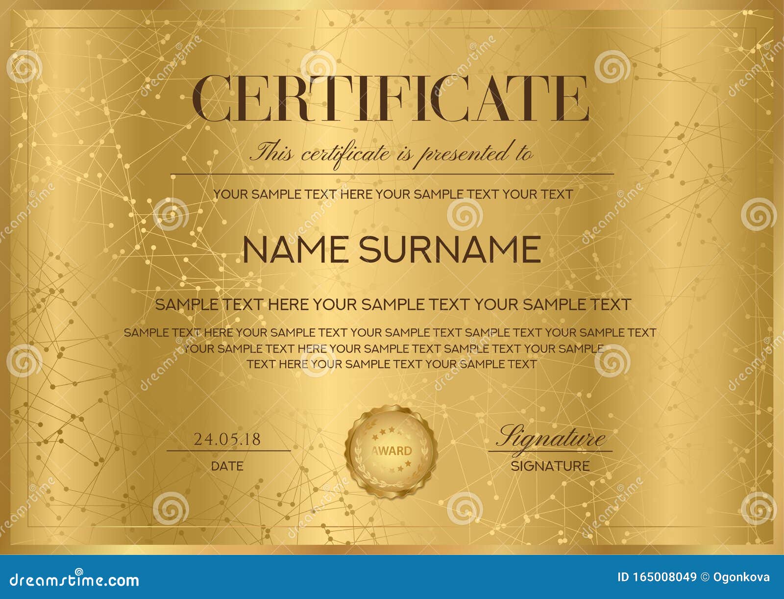 Certificate Vector Template with Gold Border and Seal Golden Emblem
