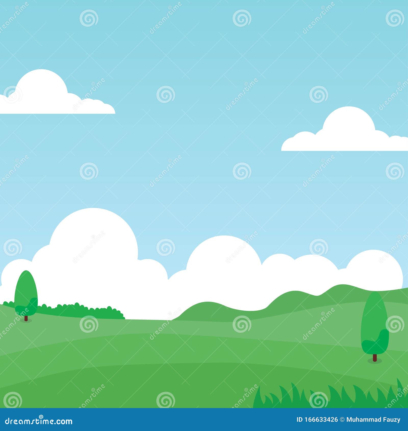 Green Meadow Cartoon Illustration with Clouds and Blue Sky Stock Vector ...
