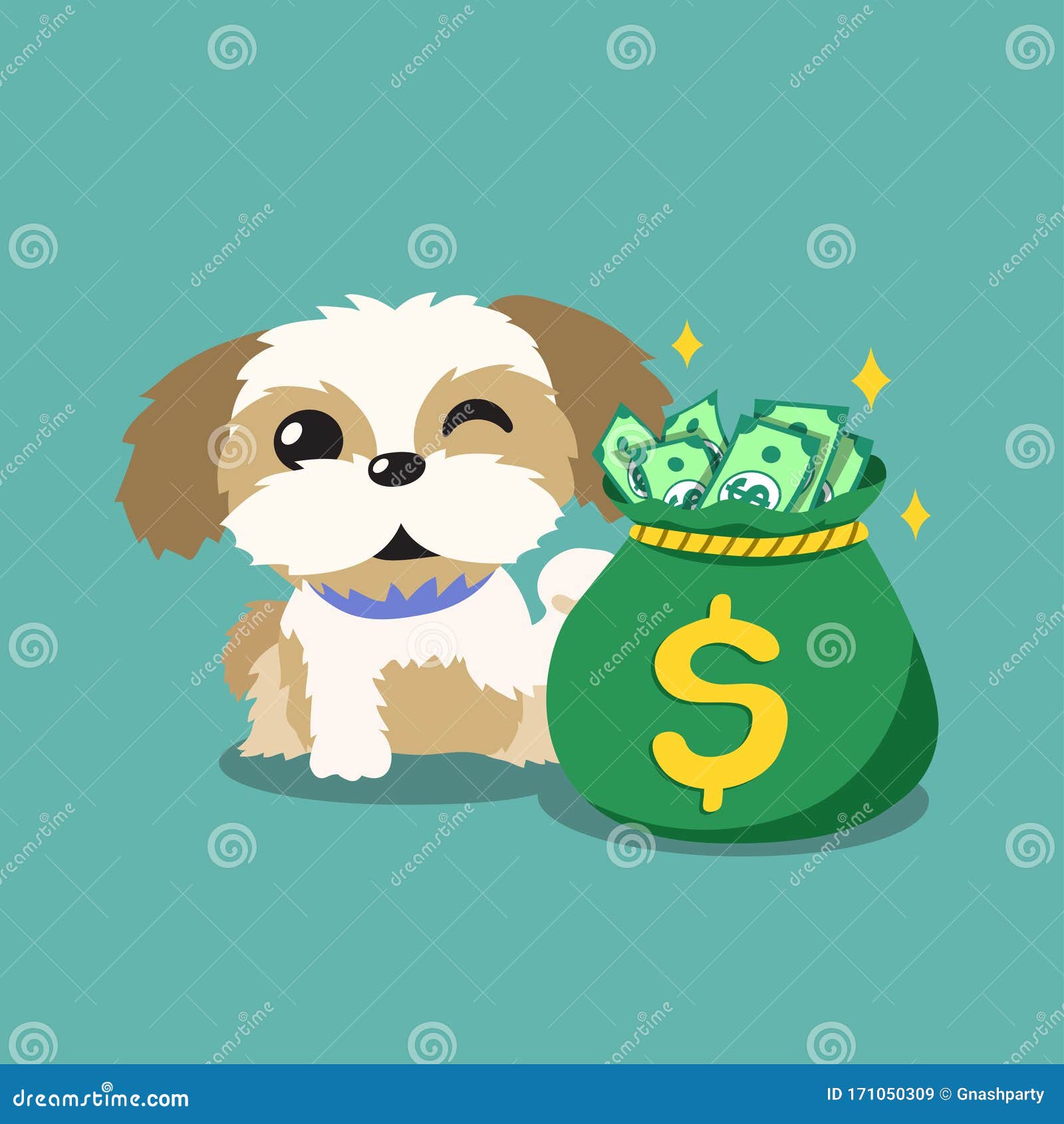Vector Cartoon Character Shih Tzu Dog with Money Bag Stock Vector