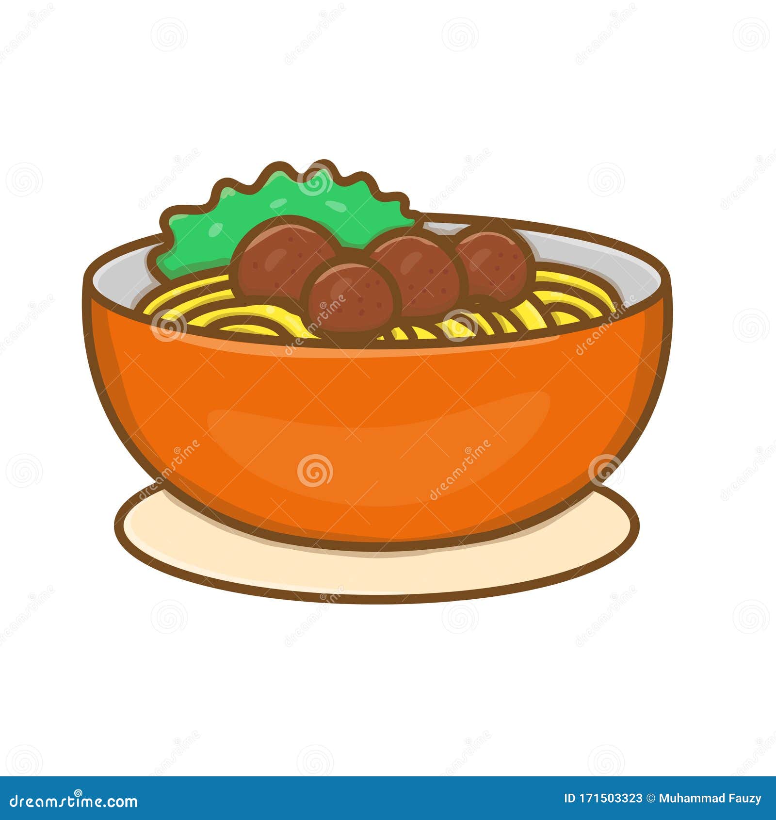Bowl of Noodle with Meatball and Vegetable Vector Illustration in
