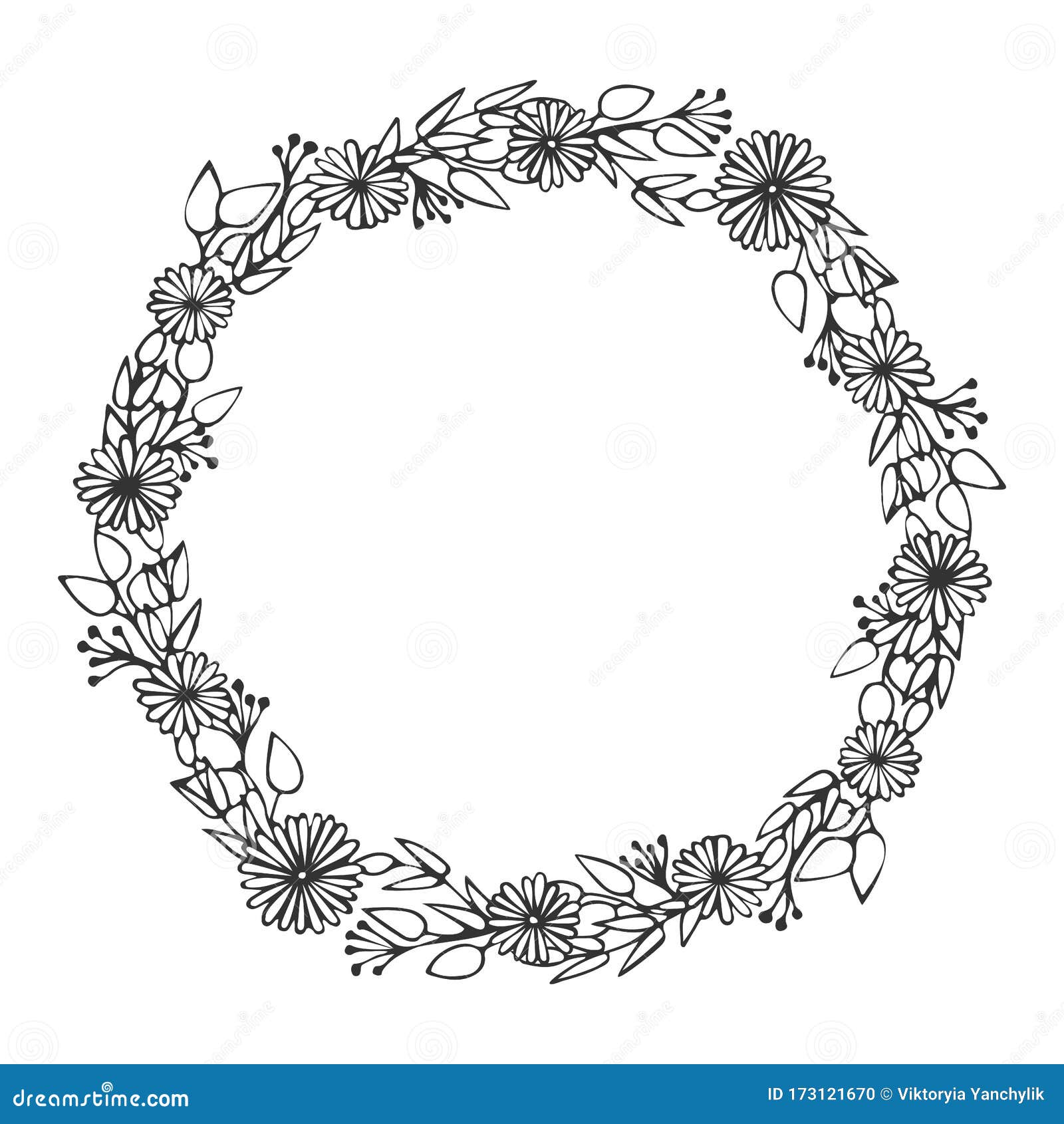 Floral Frame Vector Linear Hand Drawn Illustration Flowers In Circle