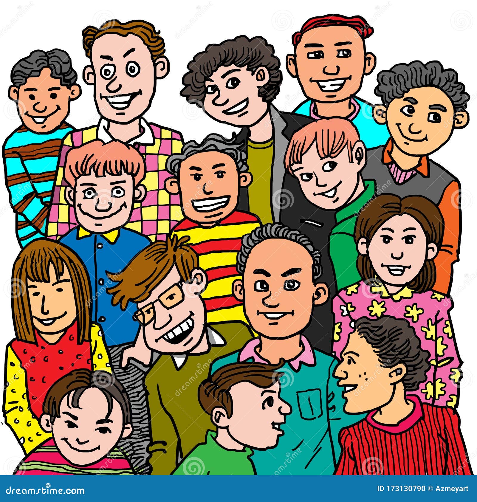 Cartoon Group of People with Kids and Adults. Stock Illustration