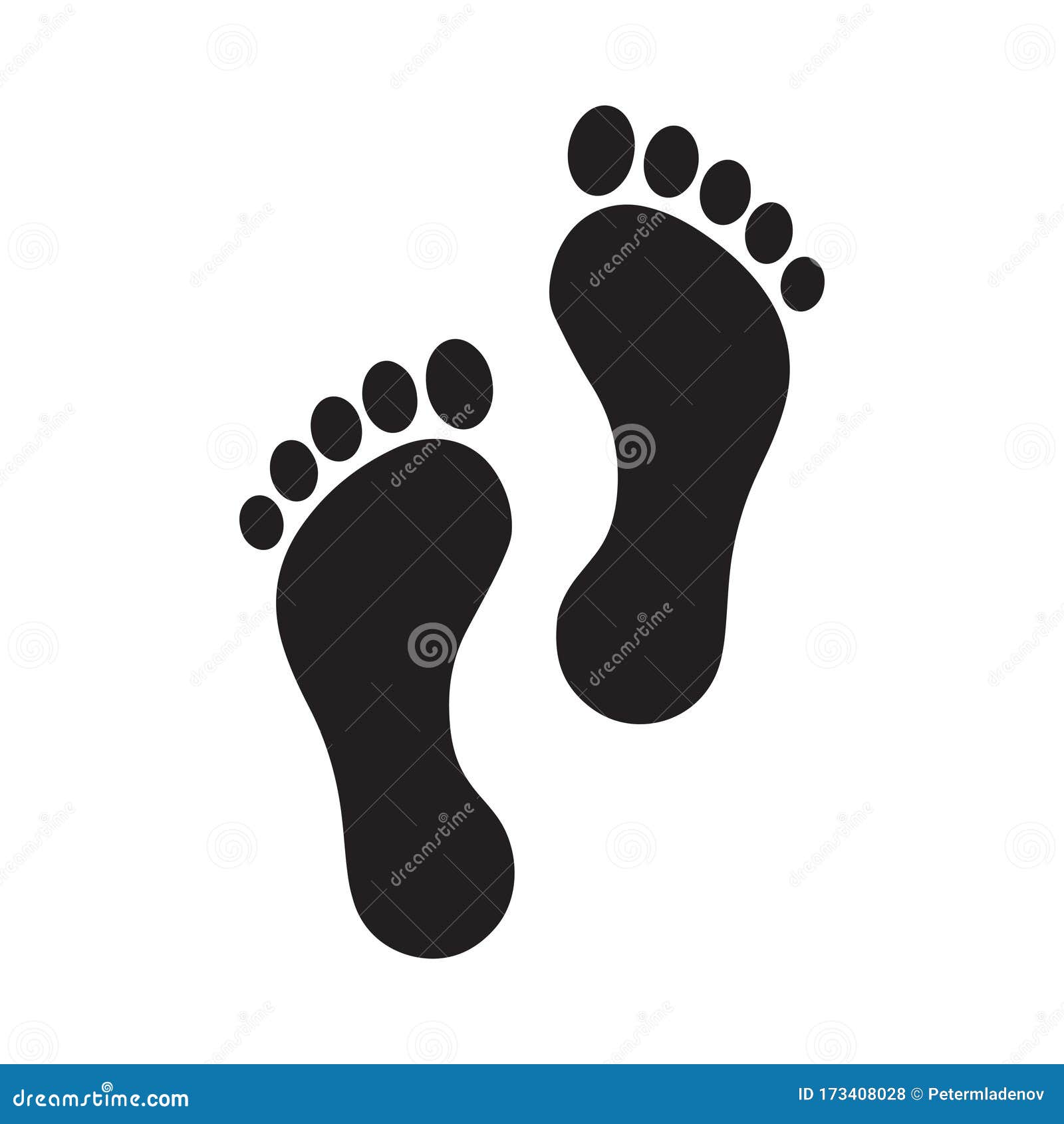 Human Feet Black Silhouette on White Background. Footprint with Toes