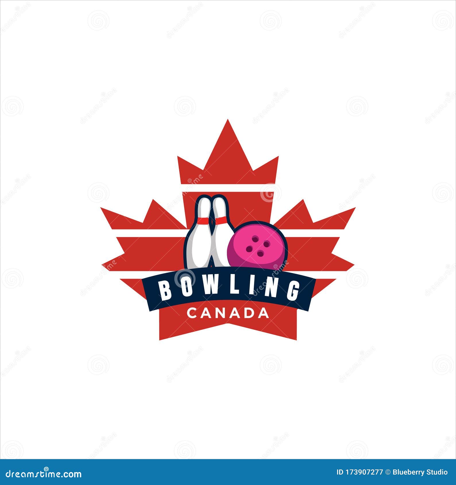 Canadian Bowling Logo Design Vector Illustration. Maple Leaf Bowling