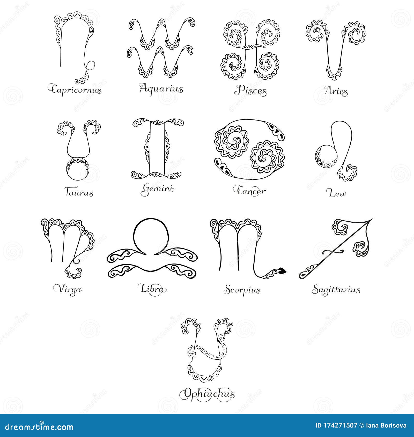 Set of 13 Isolated Black and White Zodiac Signs Handdrawn in Vintage