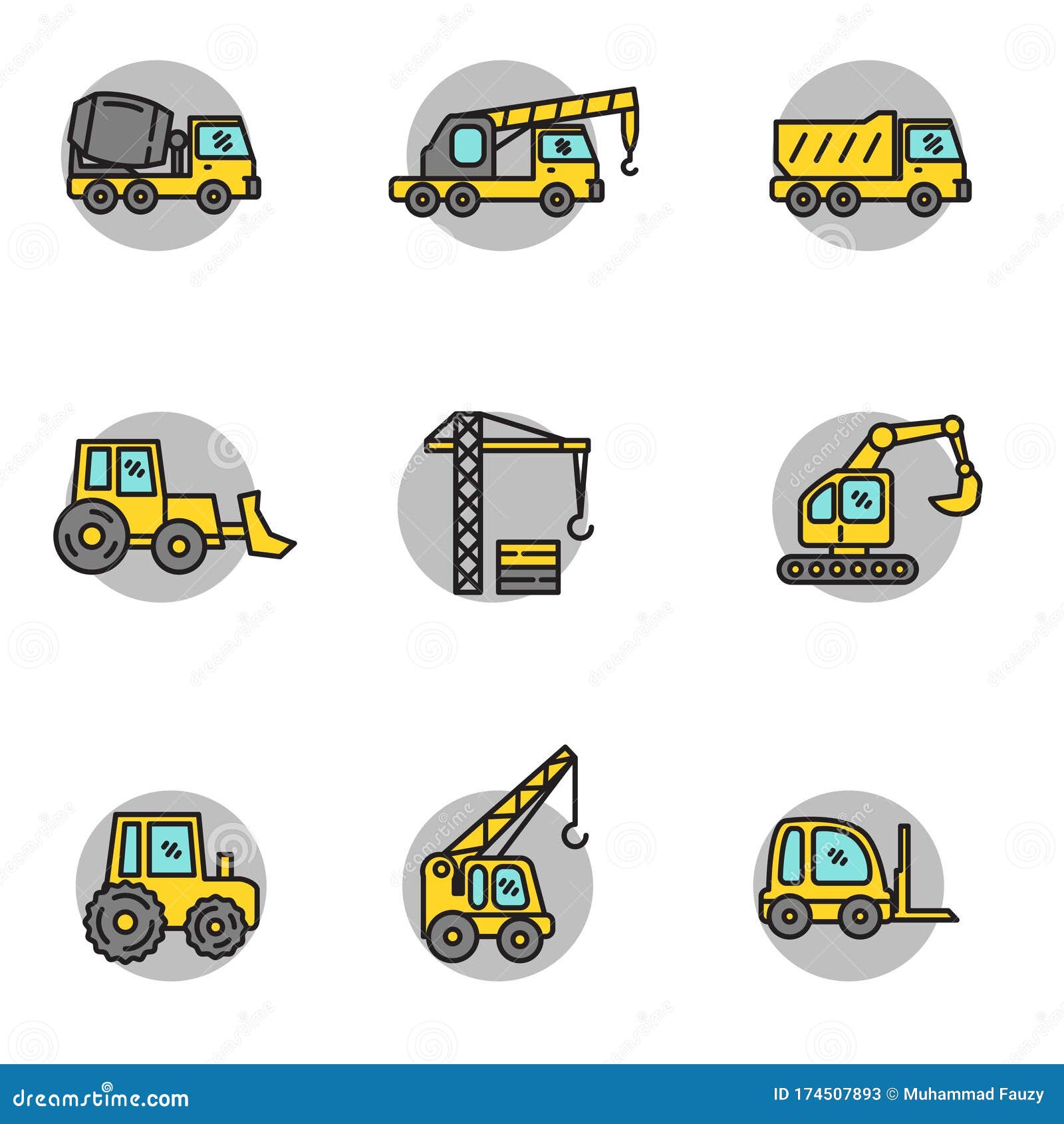 Set of Heavy Equipment Icons in Linear Color Style Stock Vector