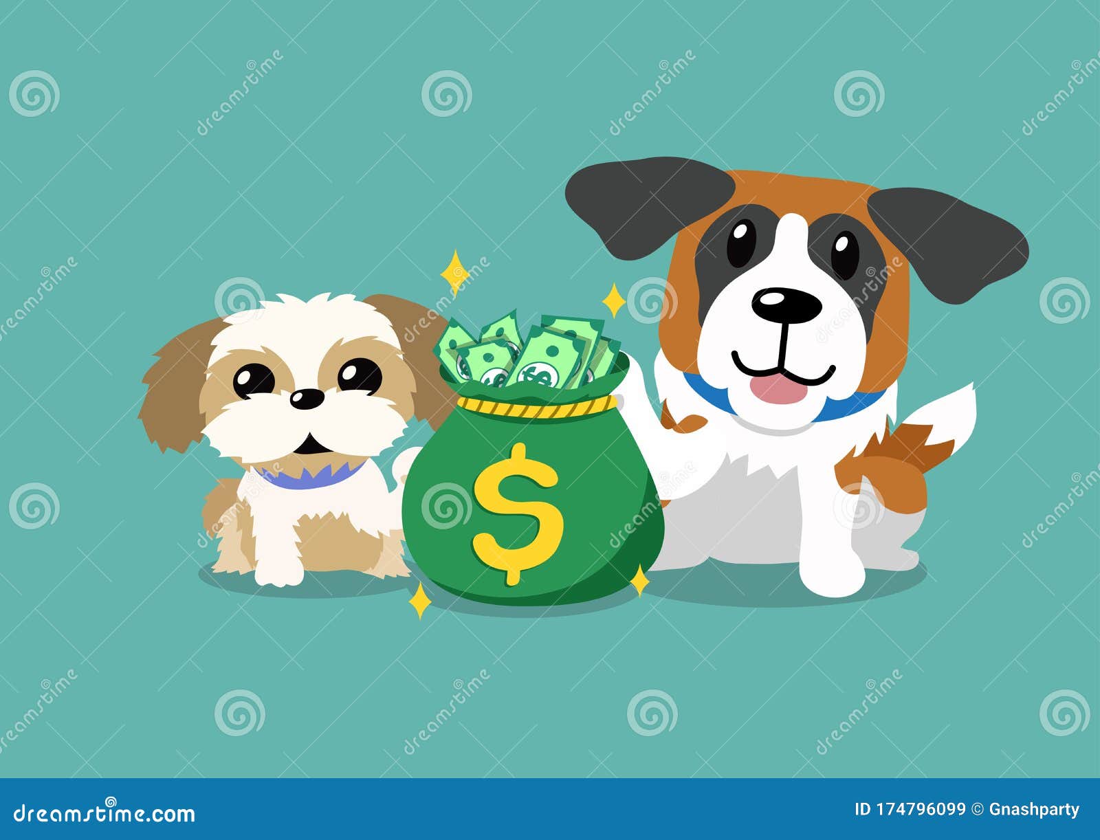 Vector Cartoon Character Saint Bernard and Shih Tzu Dogs with Money Bag