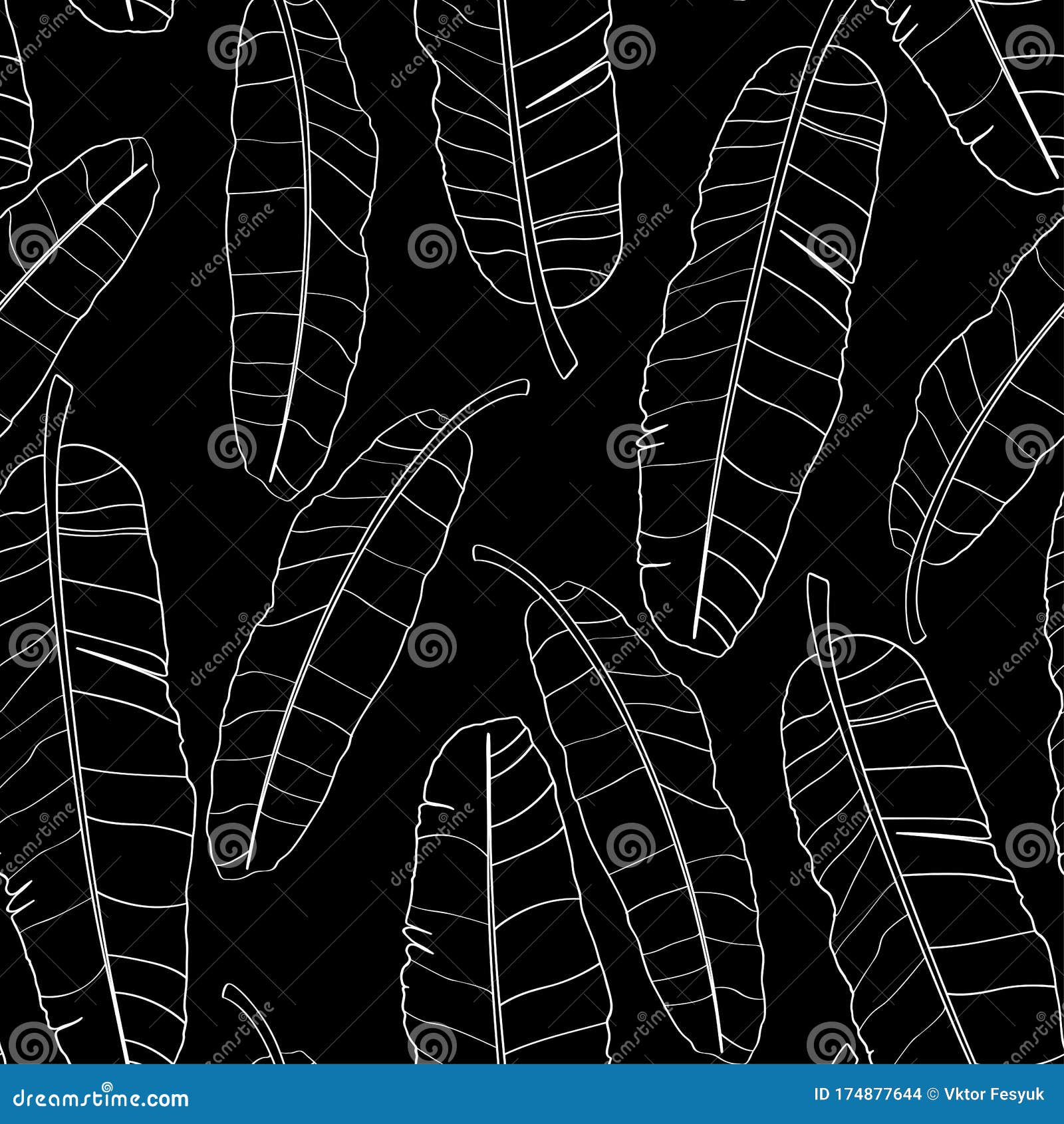 Seamless Banana Leaf Pattern Background. Black and White with Drawing