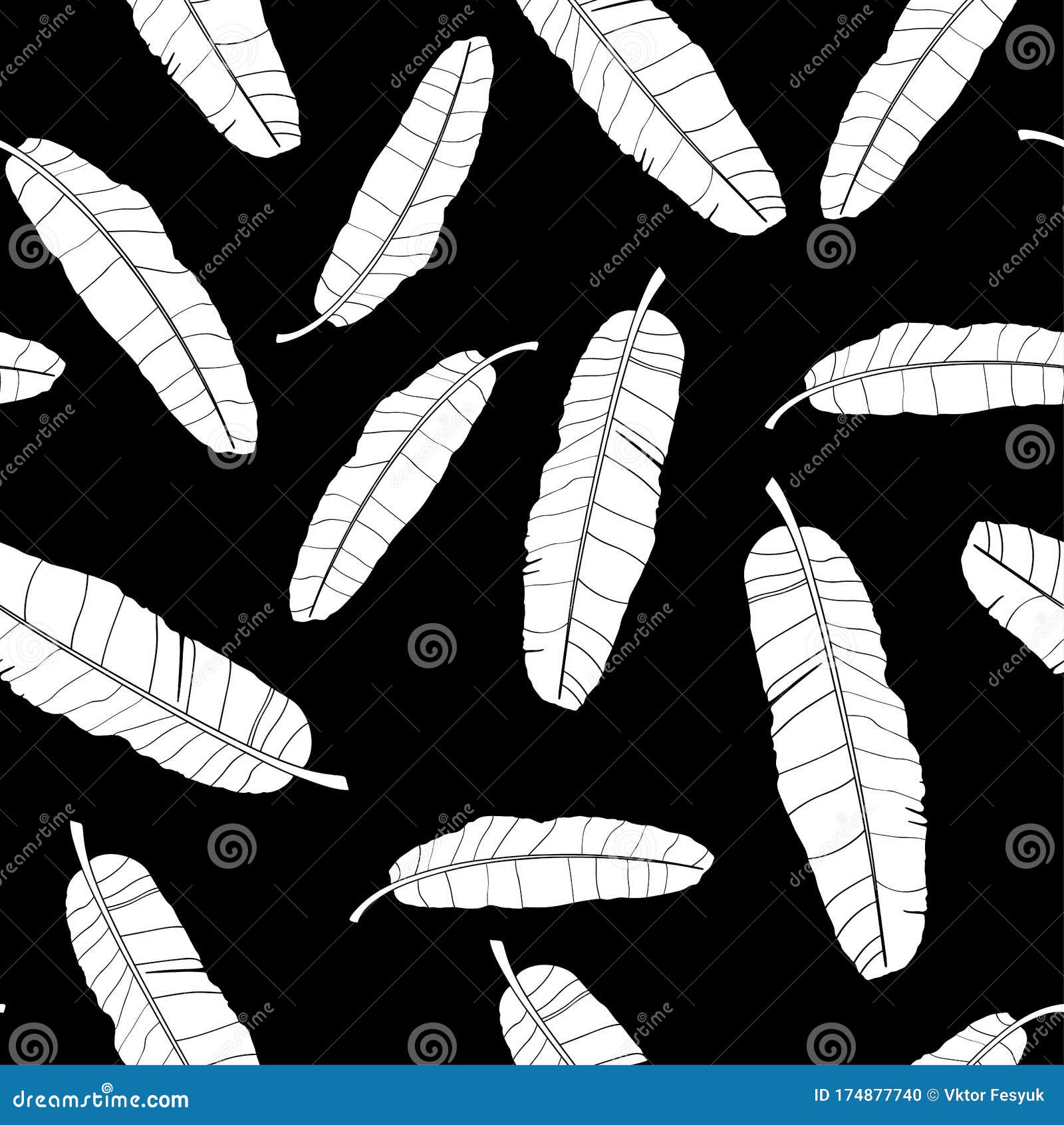 Seamless Banana Leaf Pattern Background. Black And White With Drawing