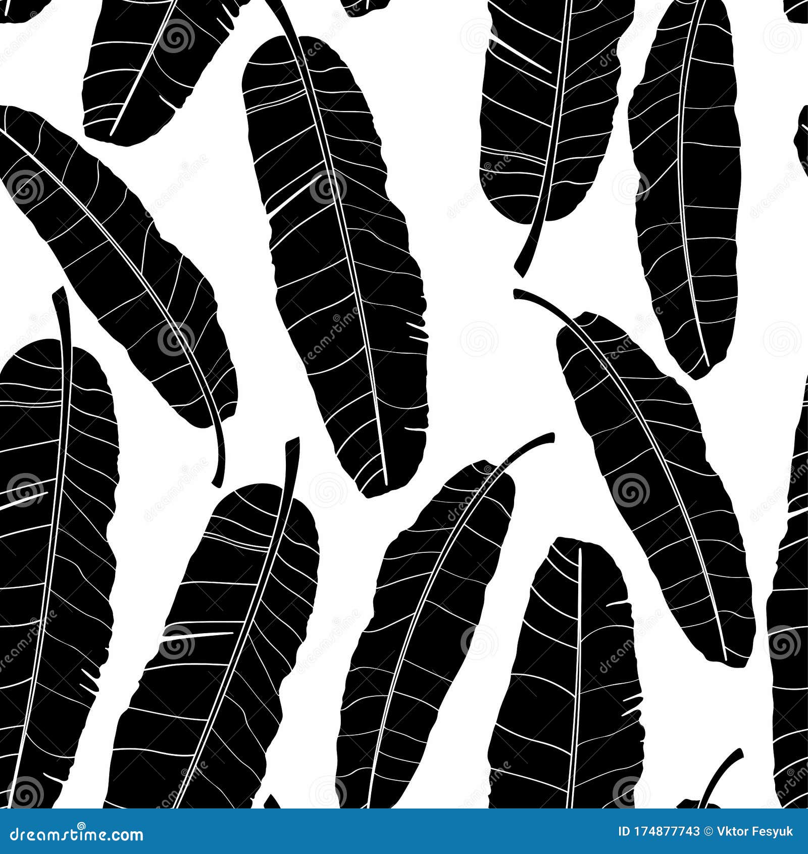 Seamless Banana Leaf Pattern Background. Black and White with Drawing