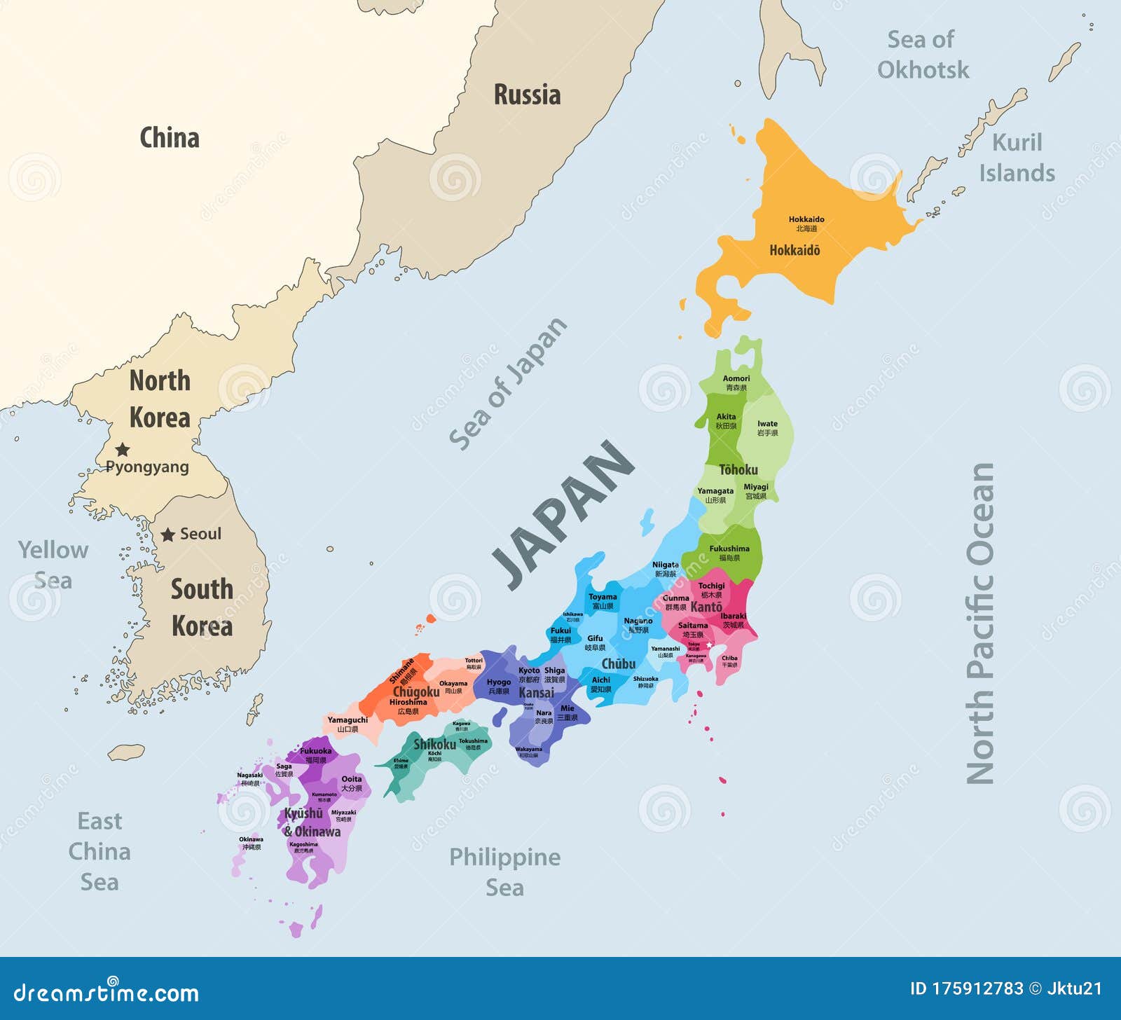 Japan Prefectures Vector Map Colored Be Regions with Neighbouring ...