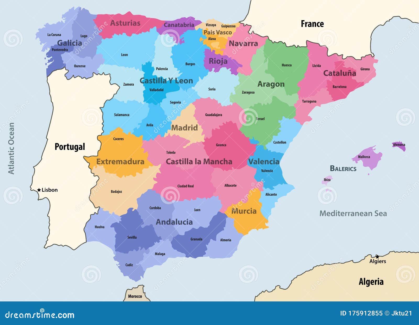 spain autonomous communities and provinces  map with neighbour countries and territories