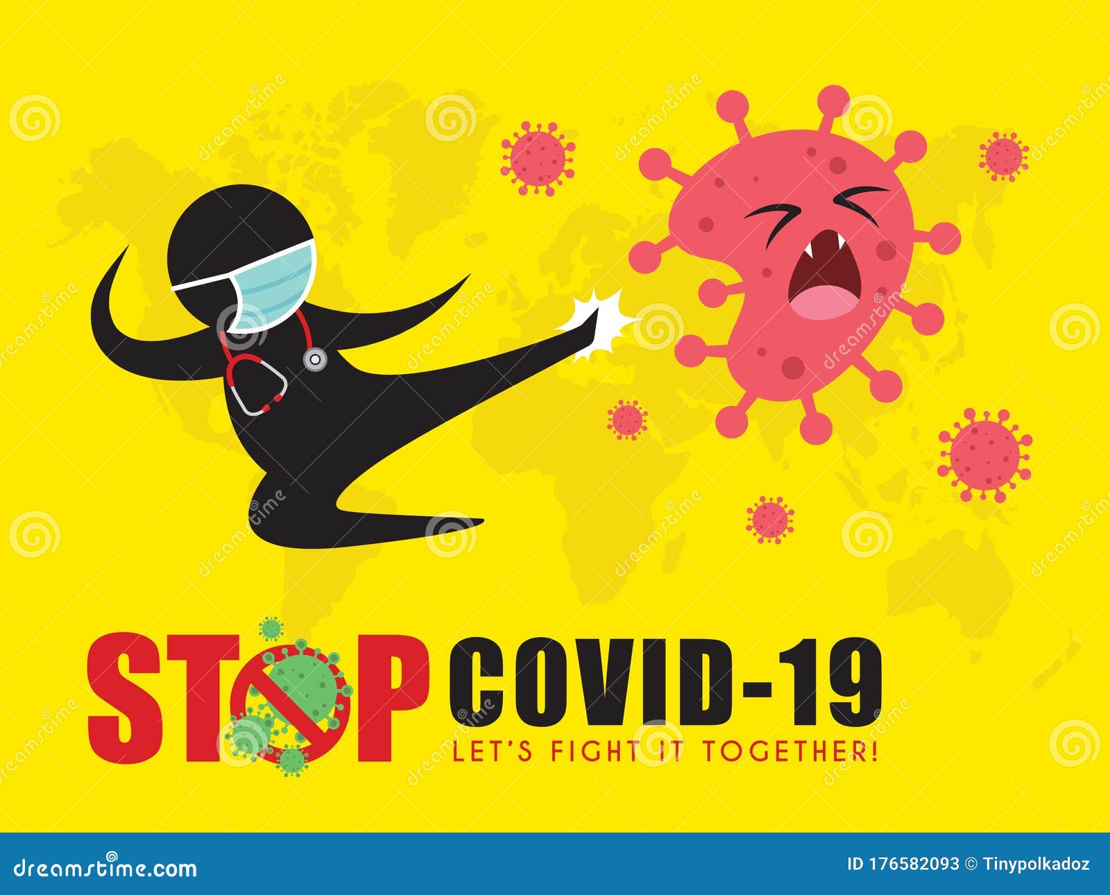 Covid19 Stick Figure Man in Medical Face Mask Fly Kick Coronavirus