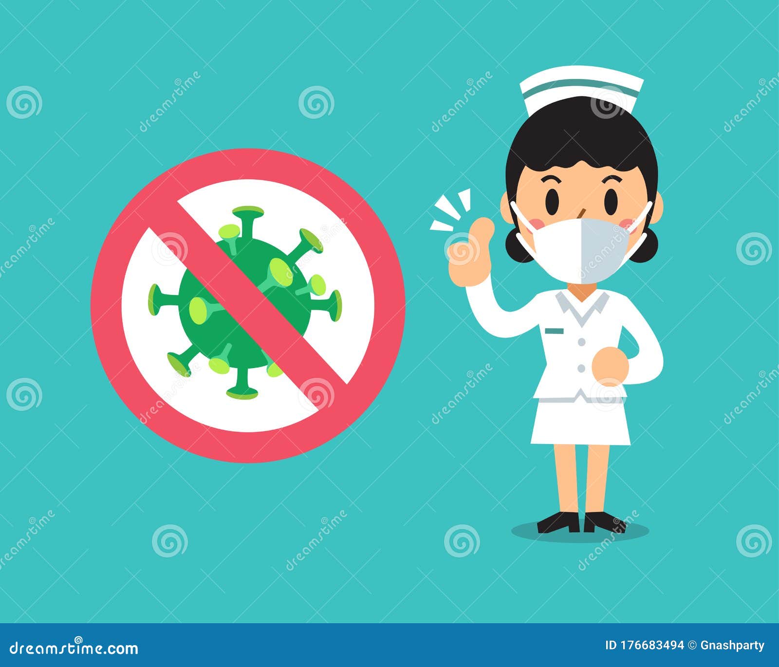 Cartoon Female Nurse Wearing Protective Mask with Anti Virus Sign Stock