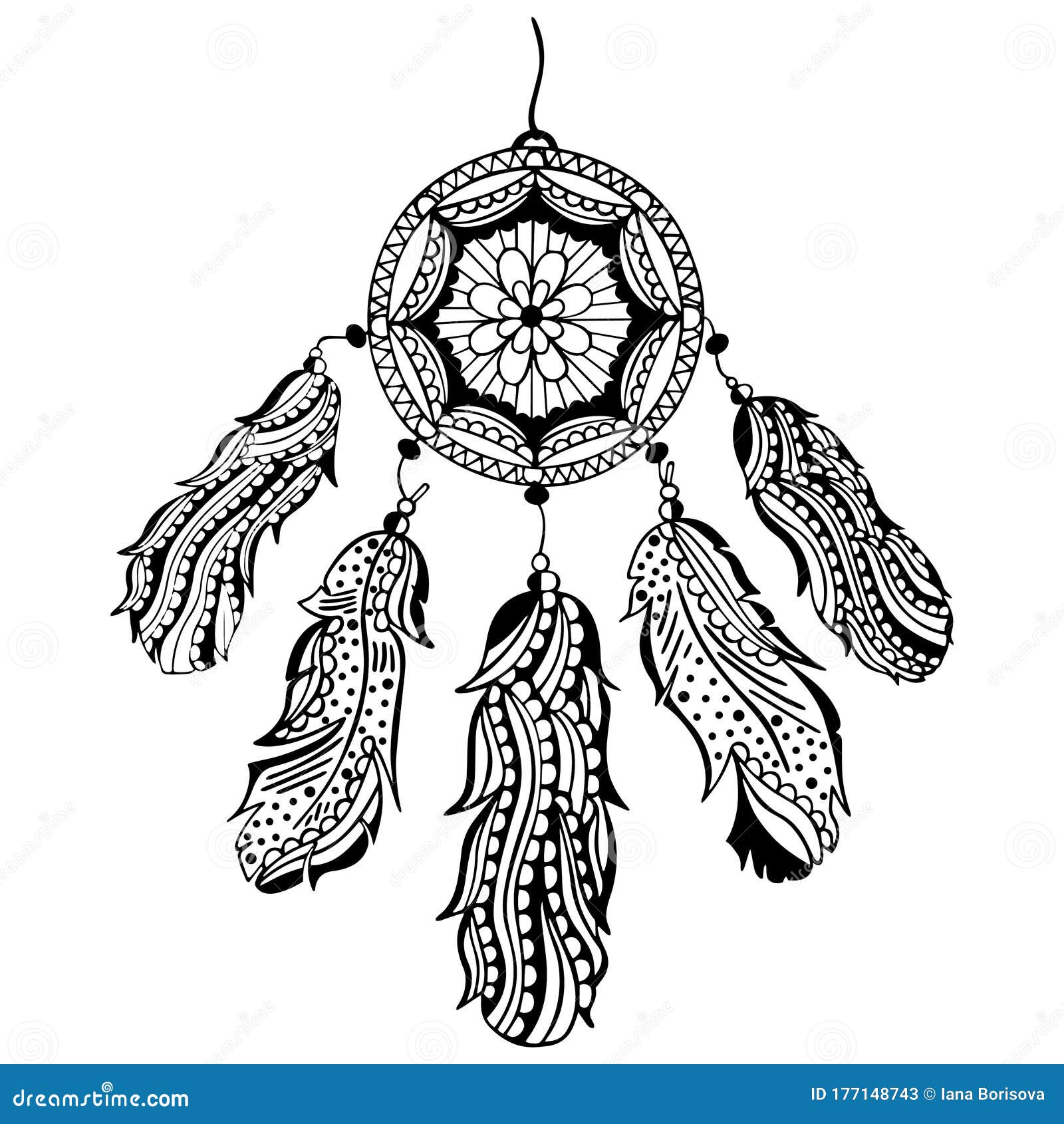 Black and White Hand-drawn Dream Catcher with Feathers and Beads. Native  American Traditional Tribal Symbol Stock Vector - Illustration of aztec,  feathery: 177148743