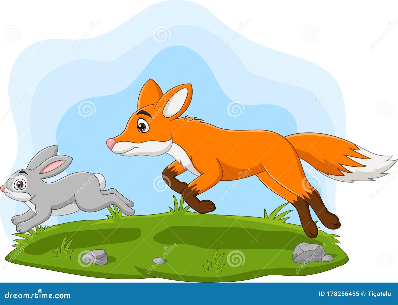 Cartoon Rabbit Chased by Fox in the Forest Stock Vector Illustration