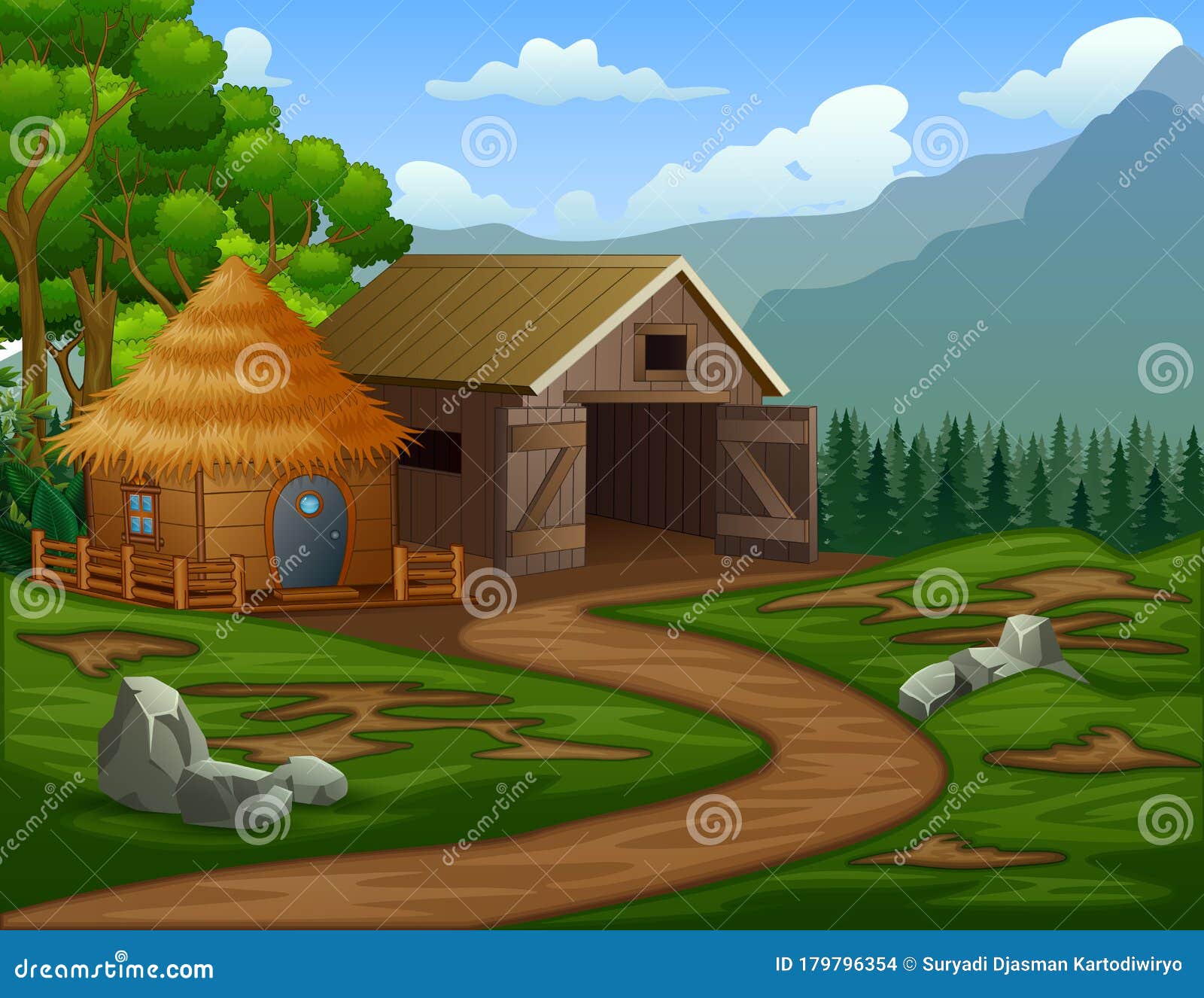 cartoon barn house with a cabin in the farmland