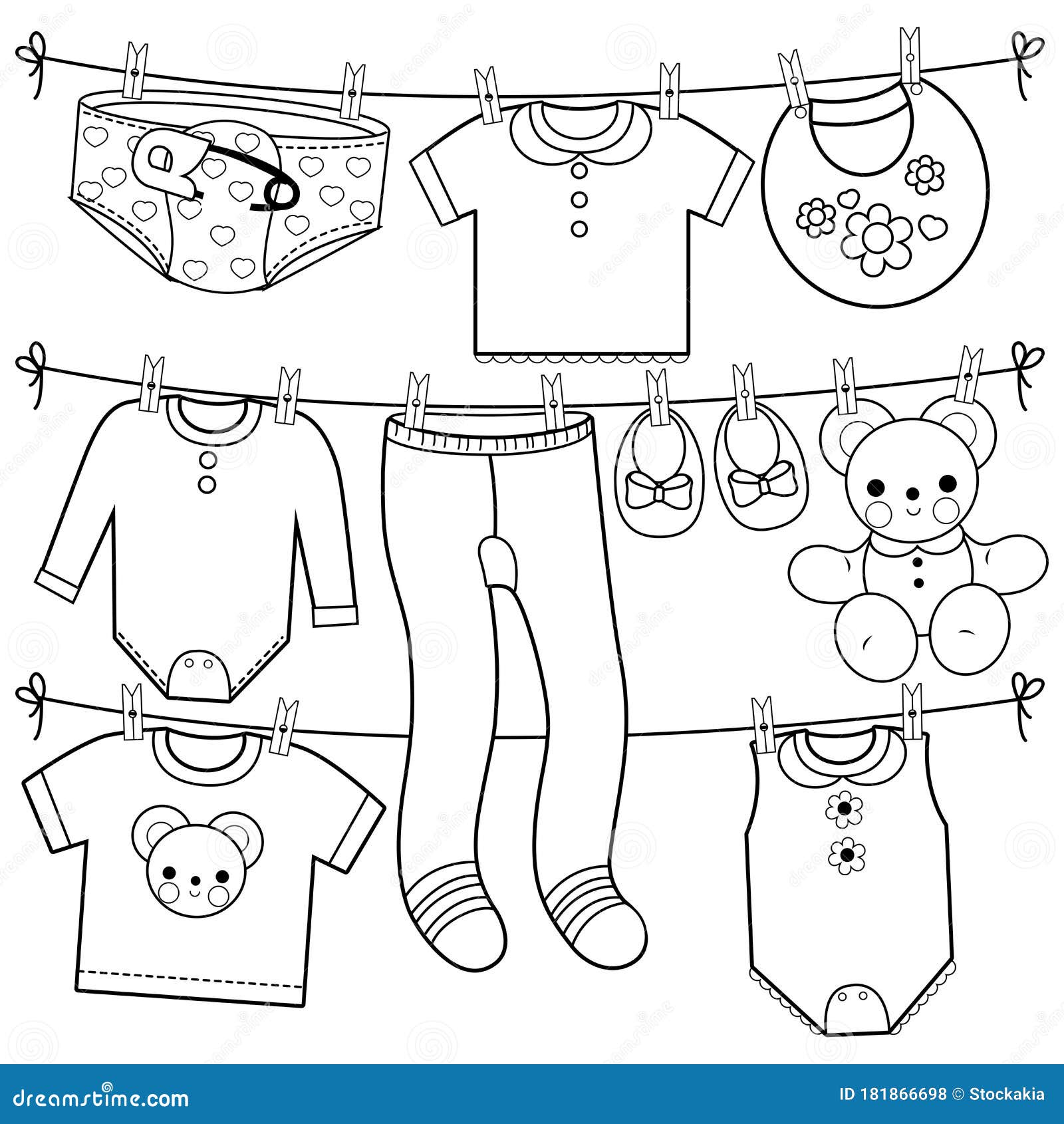 Baby Clothes Hanging on Clothes Line. Vector Black and White Coloring ...