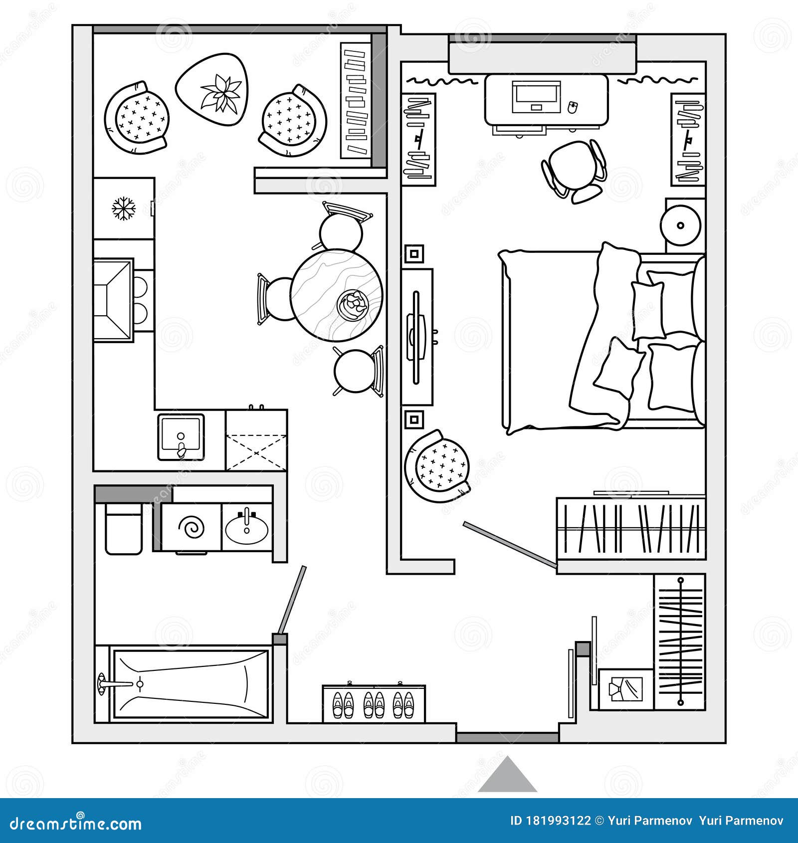 Vector Architectural Plan of Studio Apartment. Small House Top View. Floor  Plan with Furniture Placement. Stock Vector - Illustration of blueprint,  bedroom: 181993122