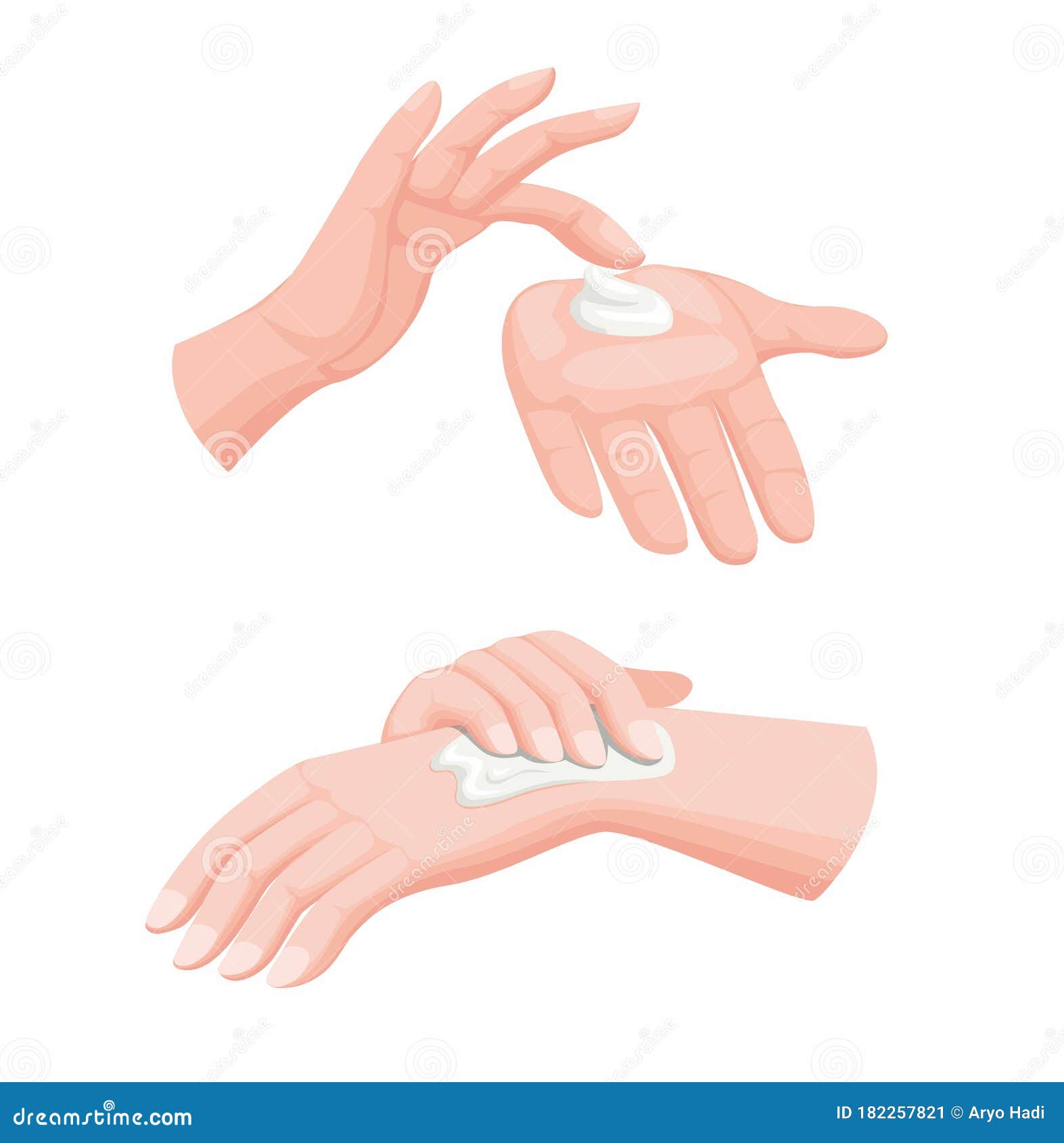 smear cream hand lotion, cosmetic lotion cream for hand or body on woman hand in two step instruction. realistic cartoon illustrat