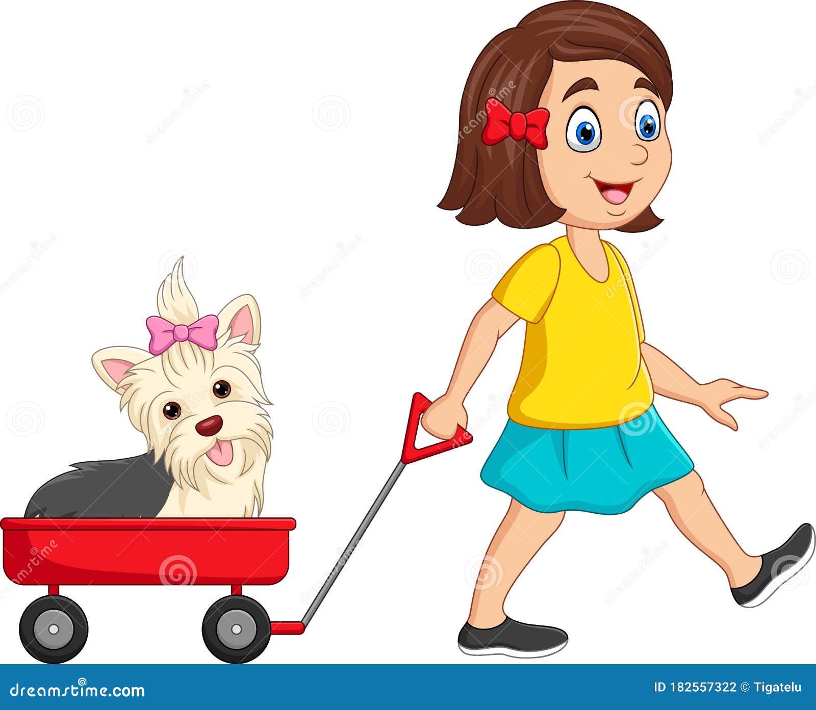 Cartoon Little Girl Pulling Wagon with Puppy Stock Vector
