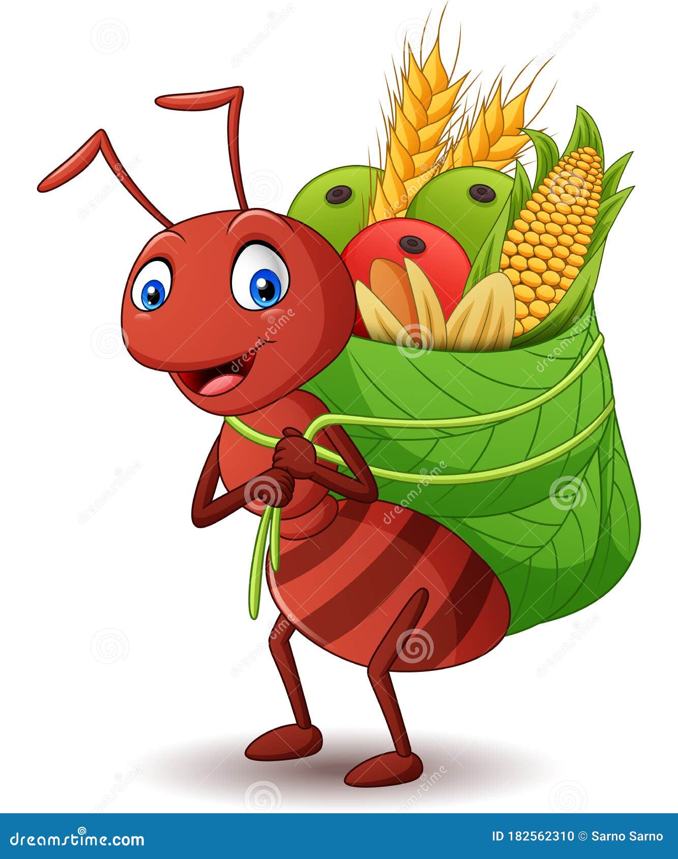 Cartoon Ant Carrying Food with a Leaf Basket Stock Vector
